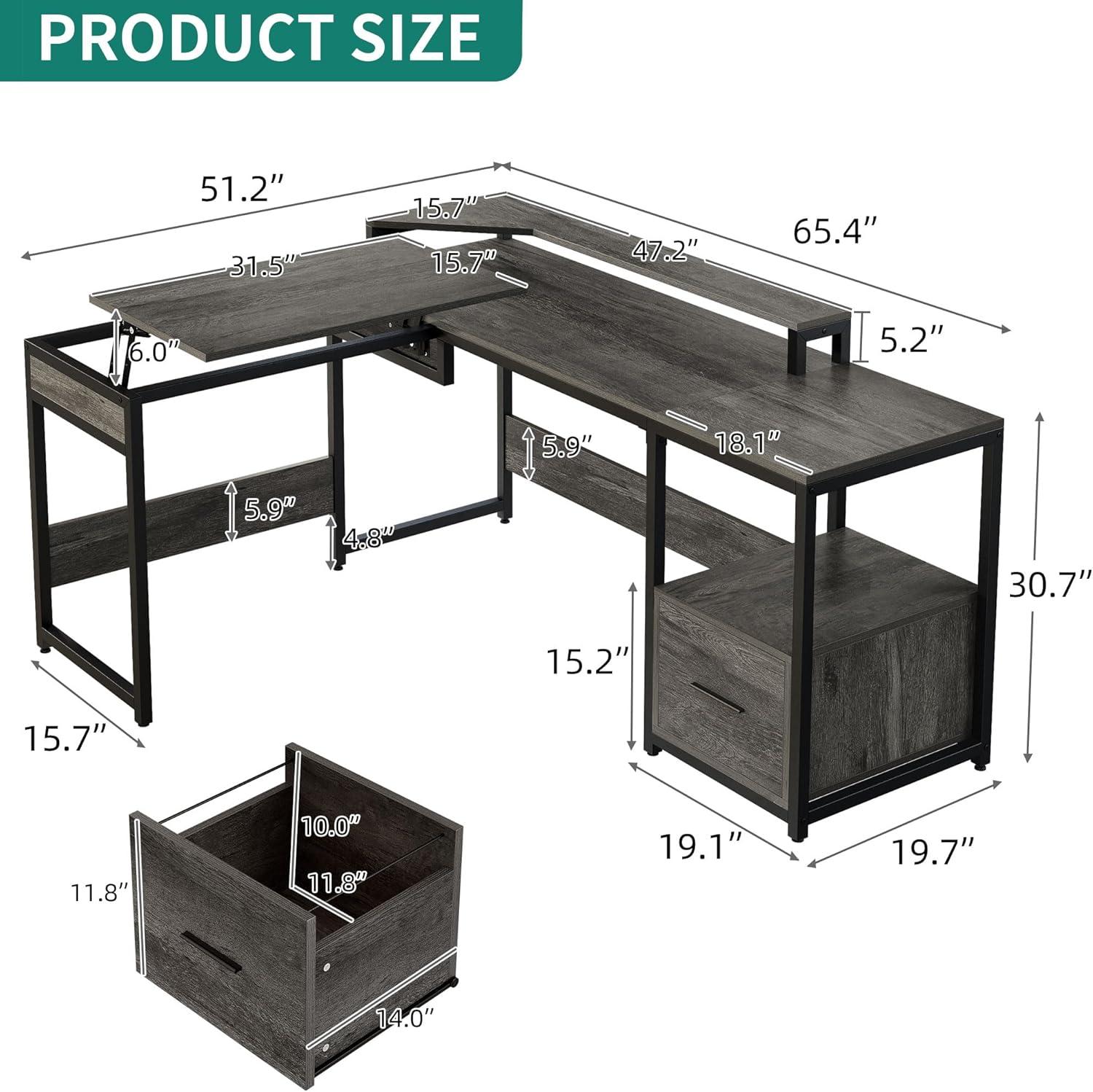 L Shaped Computer Desk with File Drawer, 65" L Shaped Desk with Monitor Stand, Height Adjustable Standing Desk , Gray