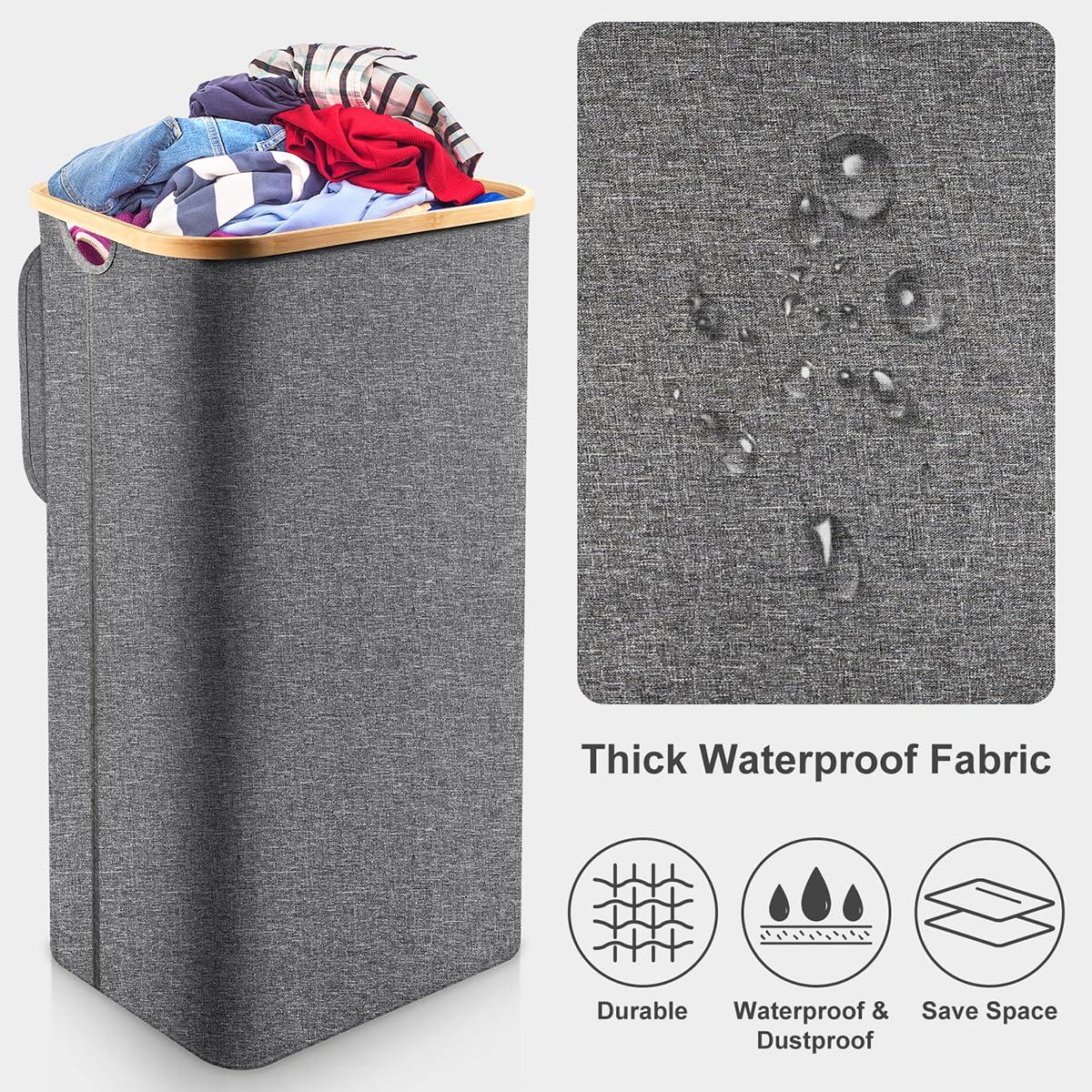 Efluky Laundry Basket with Lid and Removable Bag, 100L Tall Laundry Hamper with Bamboo Handles, Aesthetic Dirty Clothes Bin for Laundry Room, Bathroom, Bedroom and Dorm,Grey