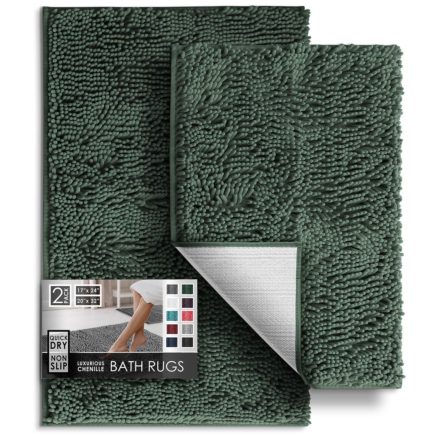Hearth & Harbor Bathroom Rugs, Chenille Bath Mat - Hunter Green Bath Rug, 26x44