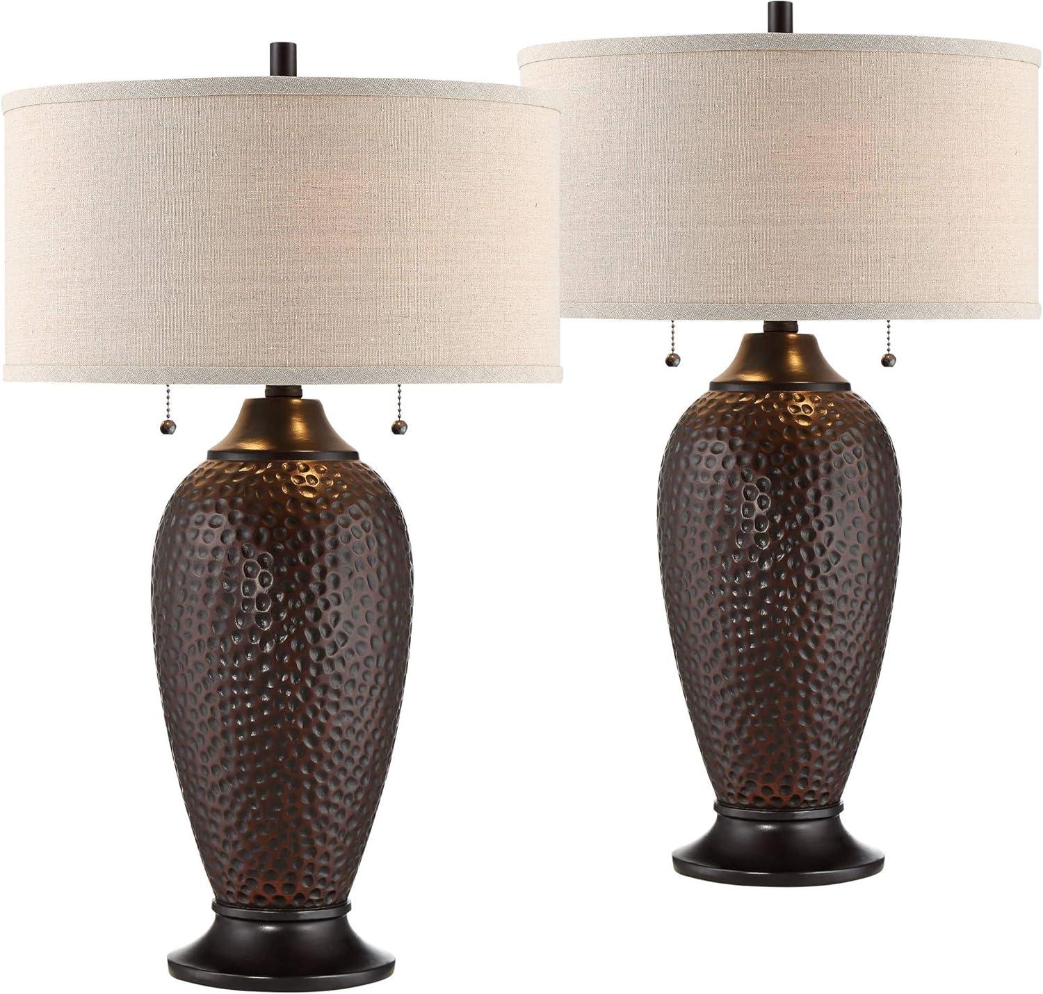 360 Lighting Cody Rustic Farmhouse Table Lamps 26" High Set of 2 Hammered Oiled Bronze Oatmeal Linen Drum Shade for Bedroom Living Room Bedside House