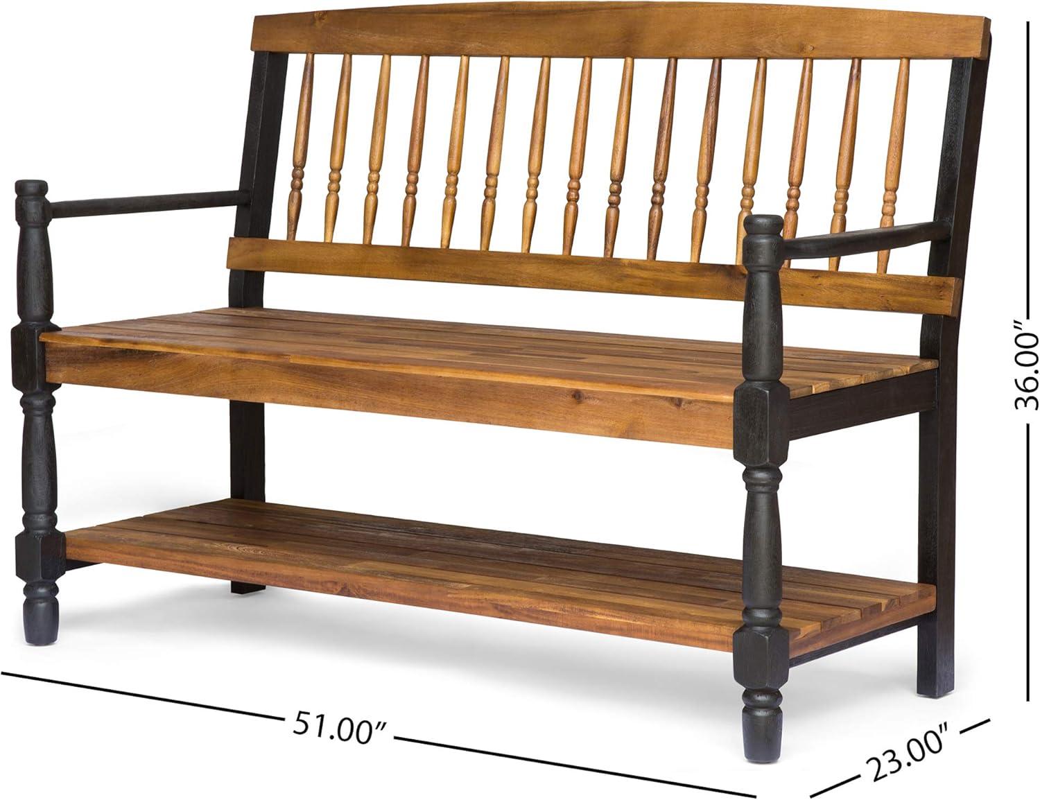 Teak and Black Acacia Wood Bench with Shelf, 51"