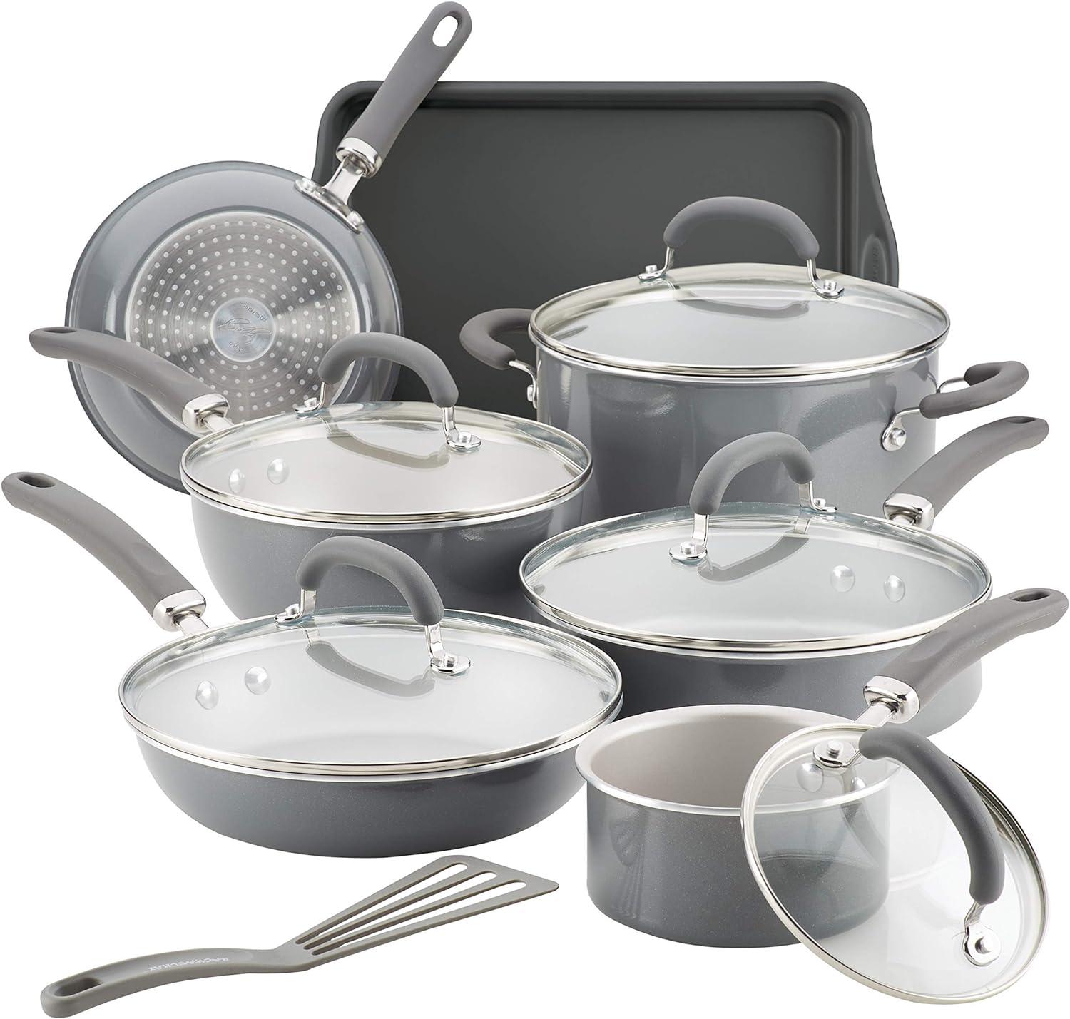 Gray Shimmer 13-Piece Nonstick Aluminum Cookware Set with Stainless Steel Handles
