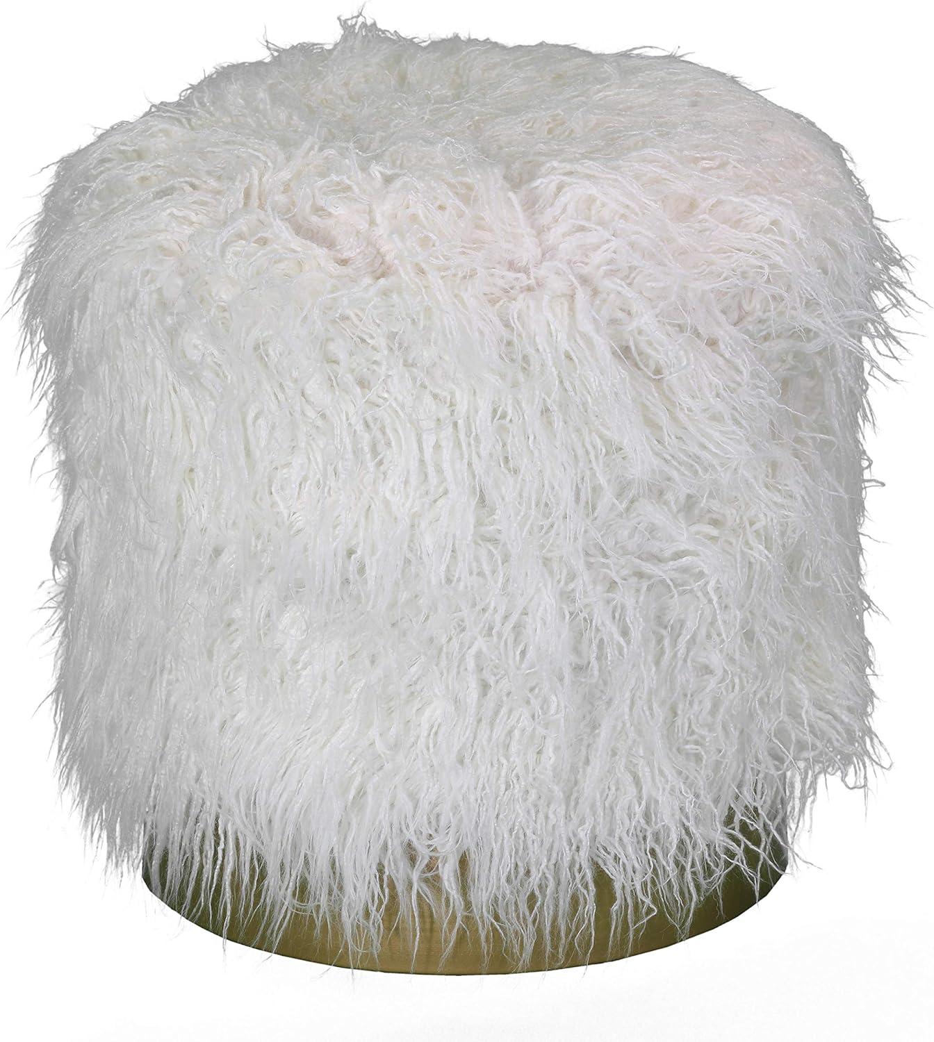 Sheppe 18" Round White Faux Fur Ottoman with Gold Metal Base
