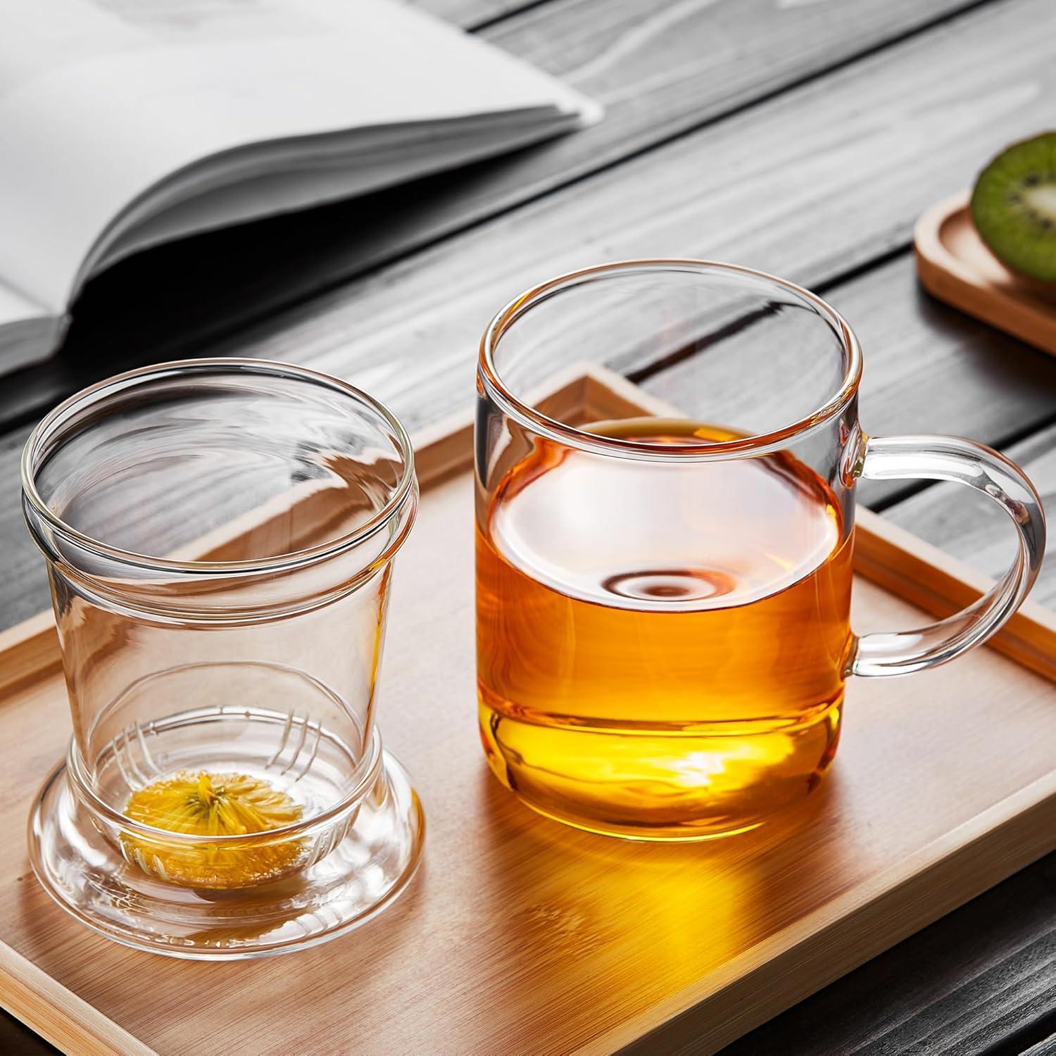 Glass Tea Cup with Infuser and Lid, 17OZ Large Borosilicate Glass Tea Cup with Strainer,Clear Glass Tea Mugs for Loose Leaf Tea,Blooming Tea,Tea Bag,Tea Cute Mushroom, Christmas gift