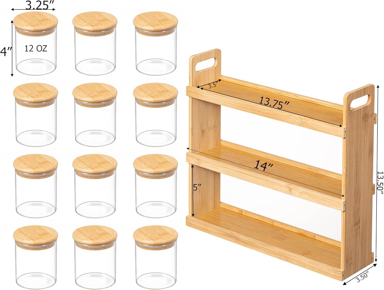 Basicwise 3-Tier Bamboo Spice Rack & Pantry Organizer with 12 Glass Jars.Perfect for Storage in Kitchens to Keep Seasoning Containers Neatly Displayed