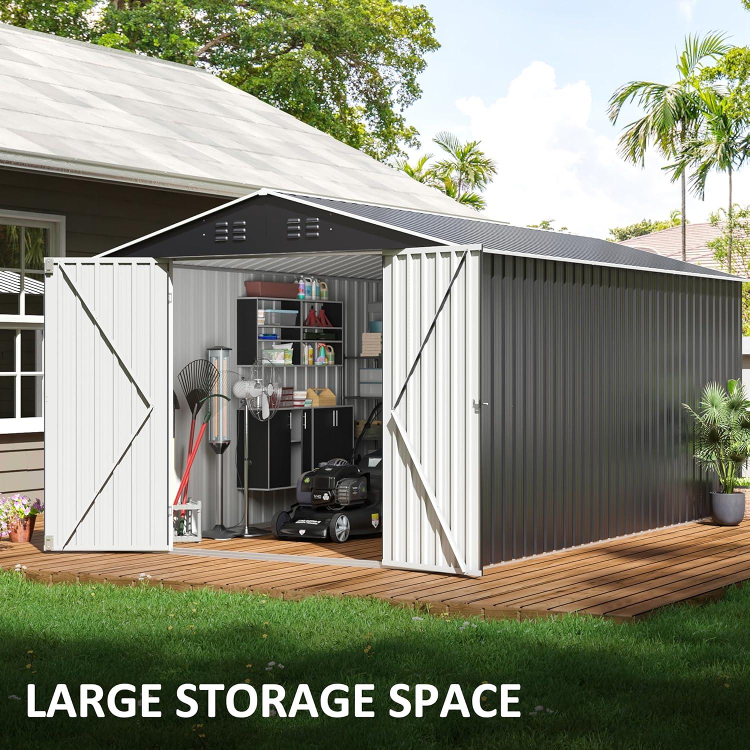 NETAJE 8'x12' Outdoor Metal Storage Shed with Upgraded Frame and Lockable Doors for Backyard, Garden, Lawn, Brown