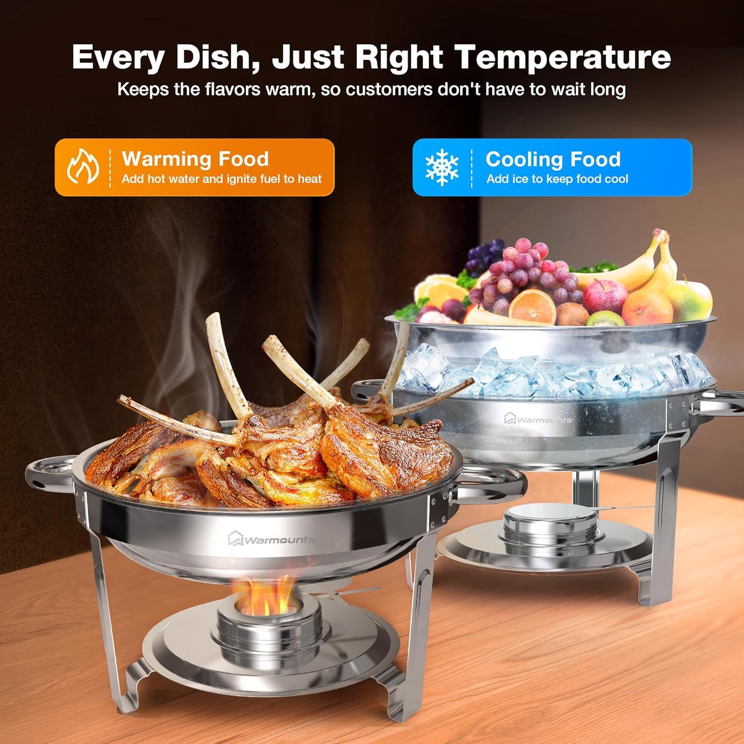 Warmounts 5QT  4-Pack Round Chafing Dish Buffet Set Food Warmer with Glass Lids & Holders