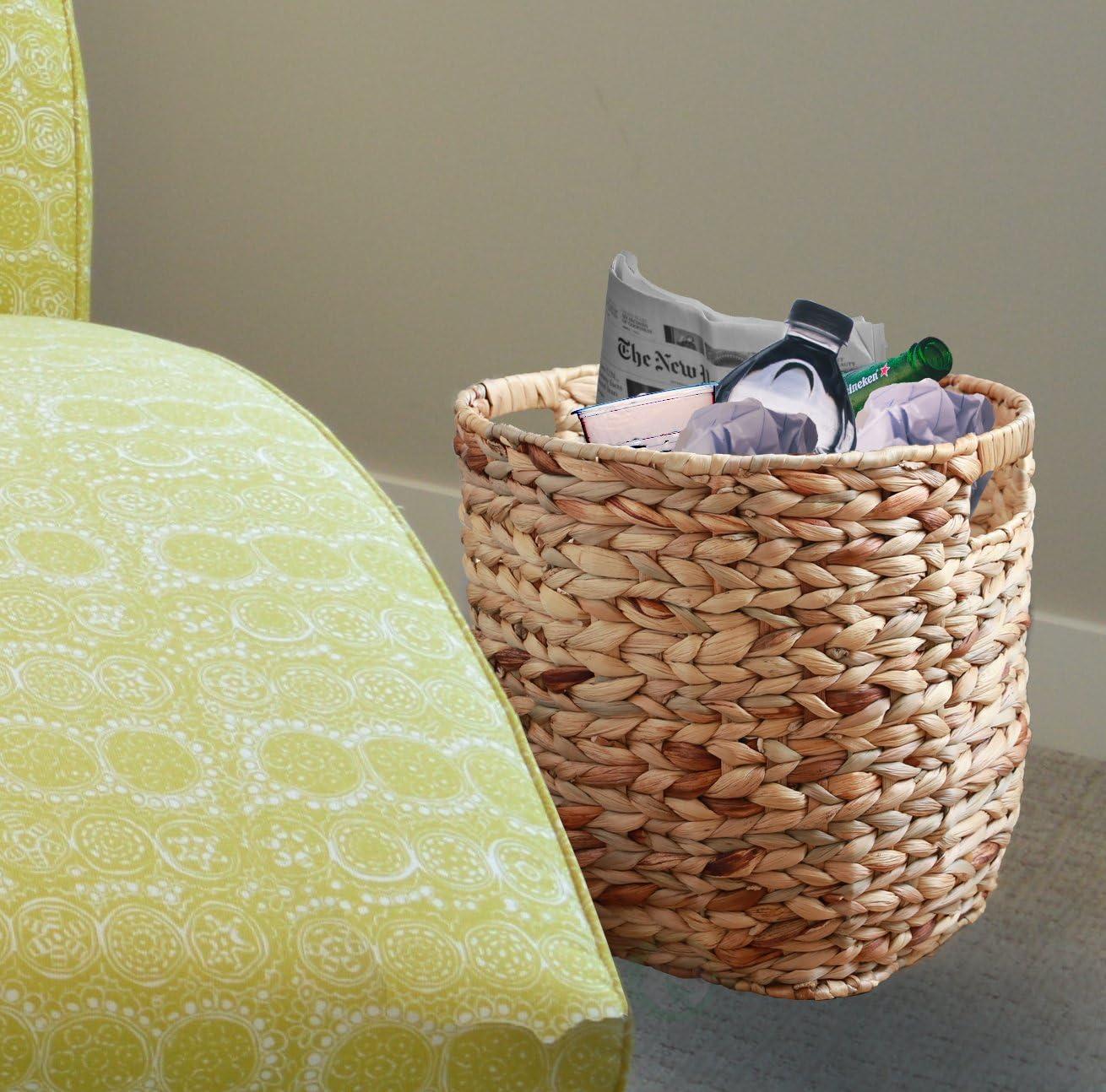 Large Round Water Hyacinth Wicker Basket with Handles - Handwoven Trash Bin for Bedroom, Bathroom, Home Office, Kitchen or Any Room in the House