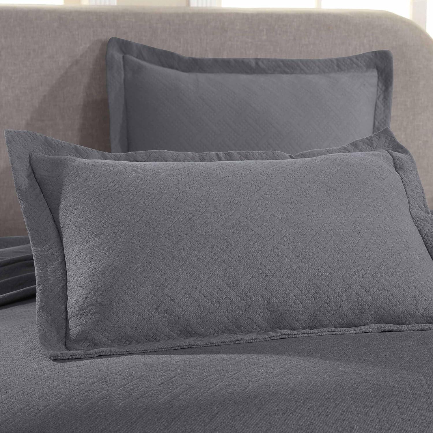 Superior Basketweave Cotton Decorative Bedspread and Sham Set, Queen, Gray