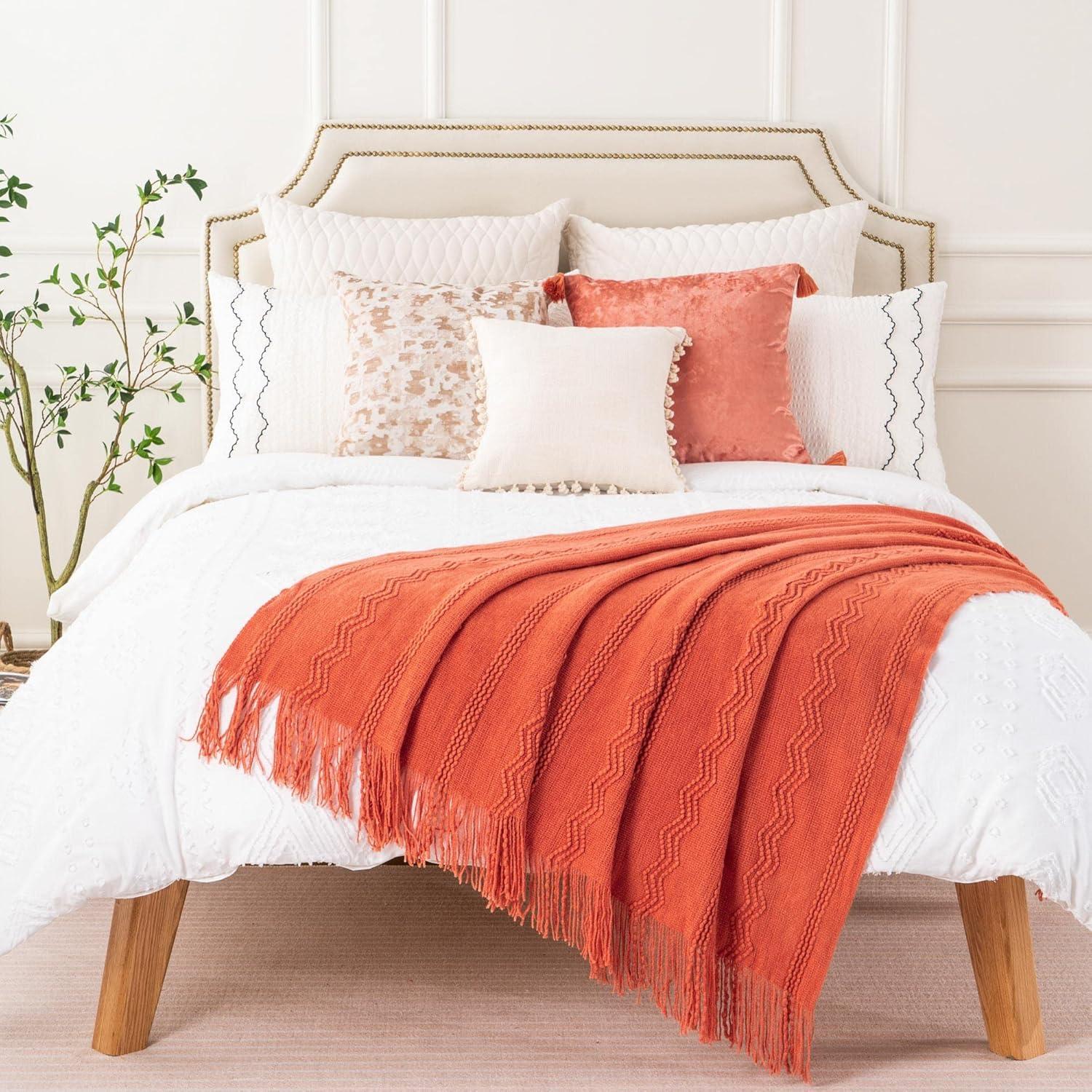 Battilo Orange Throw Blanket with Fringe Geometric Bed Salmon Knit Throws for Couch,Fall Blanket,50"x60"