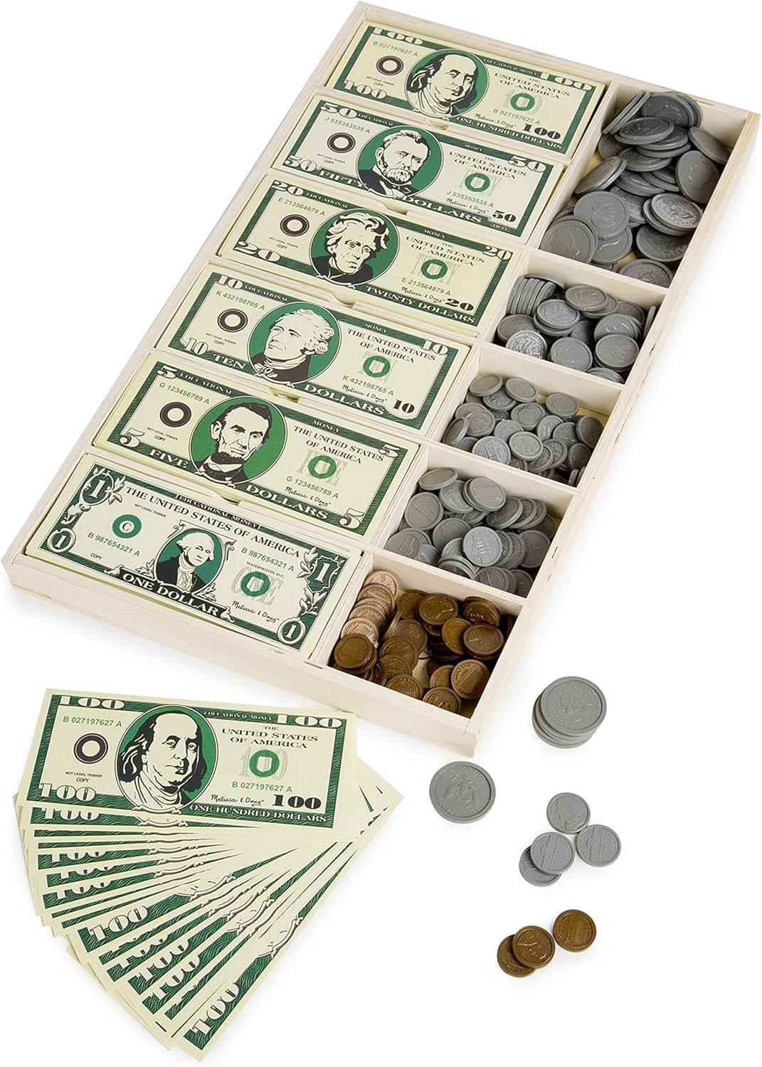 Melissa & Doug Play Money Set - Educational Toy With Paper Bills and Plastic Coins (50 of each denomination) and Wooden Cash Drawer for Storage