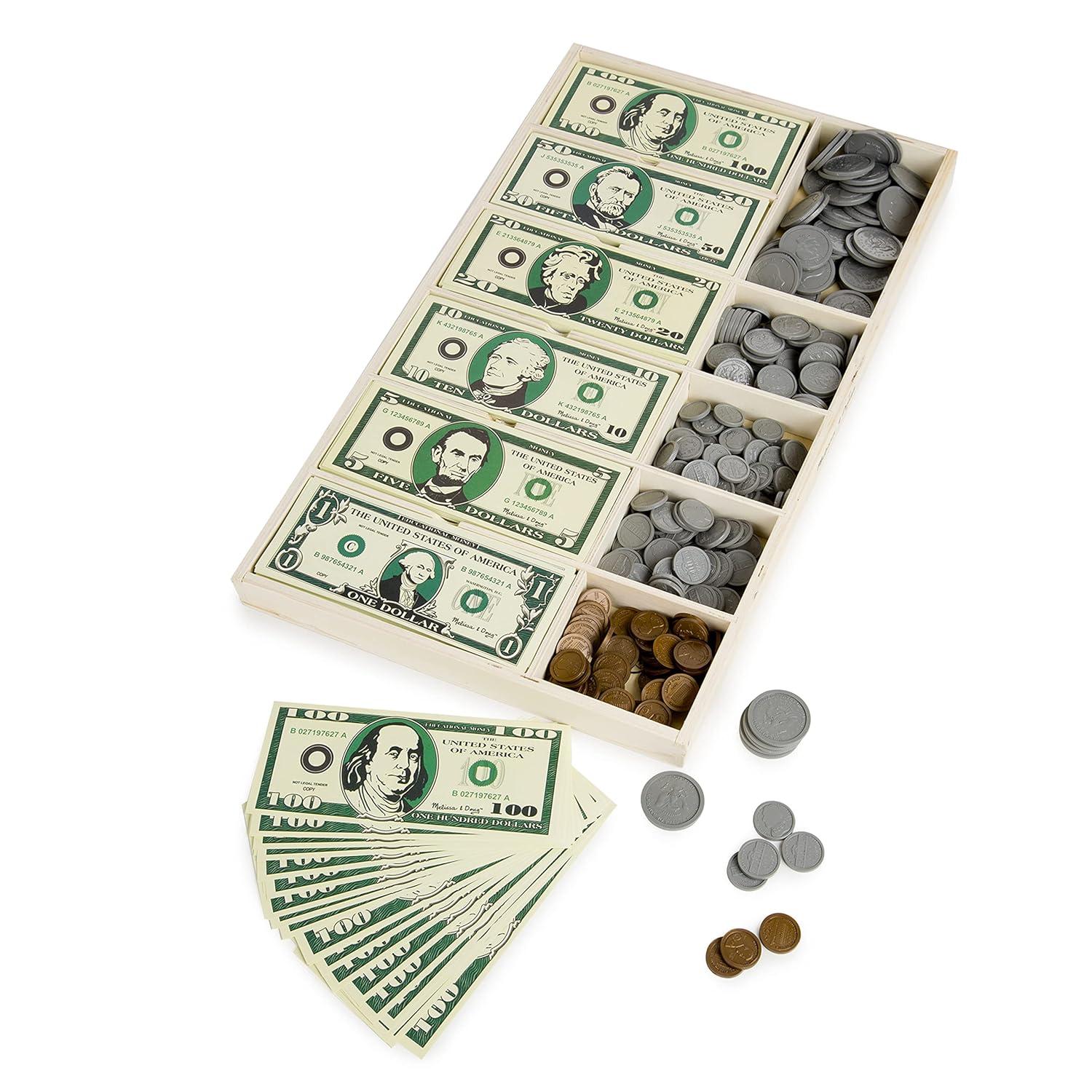 Melissa & Doug Play Money Set - Educational Toy With Paper Bills and Plastic Coins (50 of each denomination) and Wooden Cash Drawer for Storage