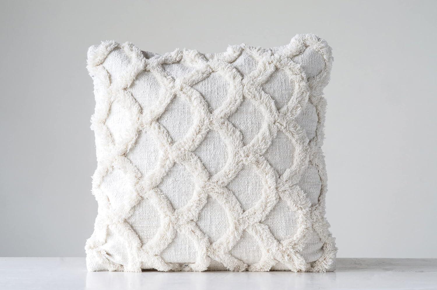 Creative Co-Op Cotton Tufted Chenille Pillow with Scallop Pattern, White