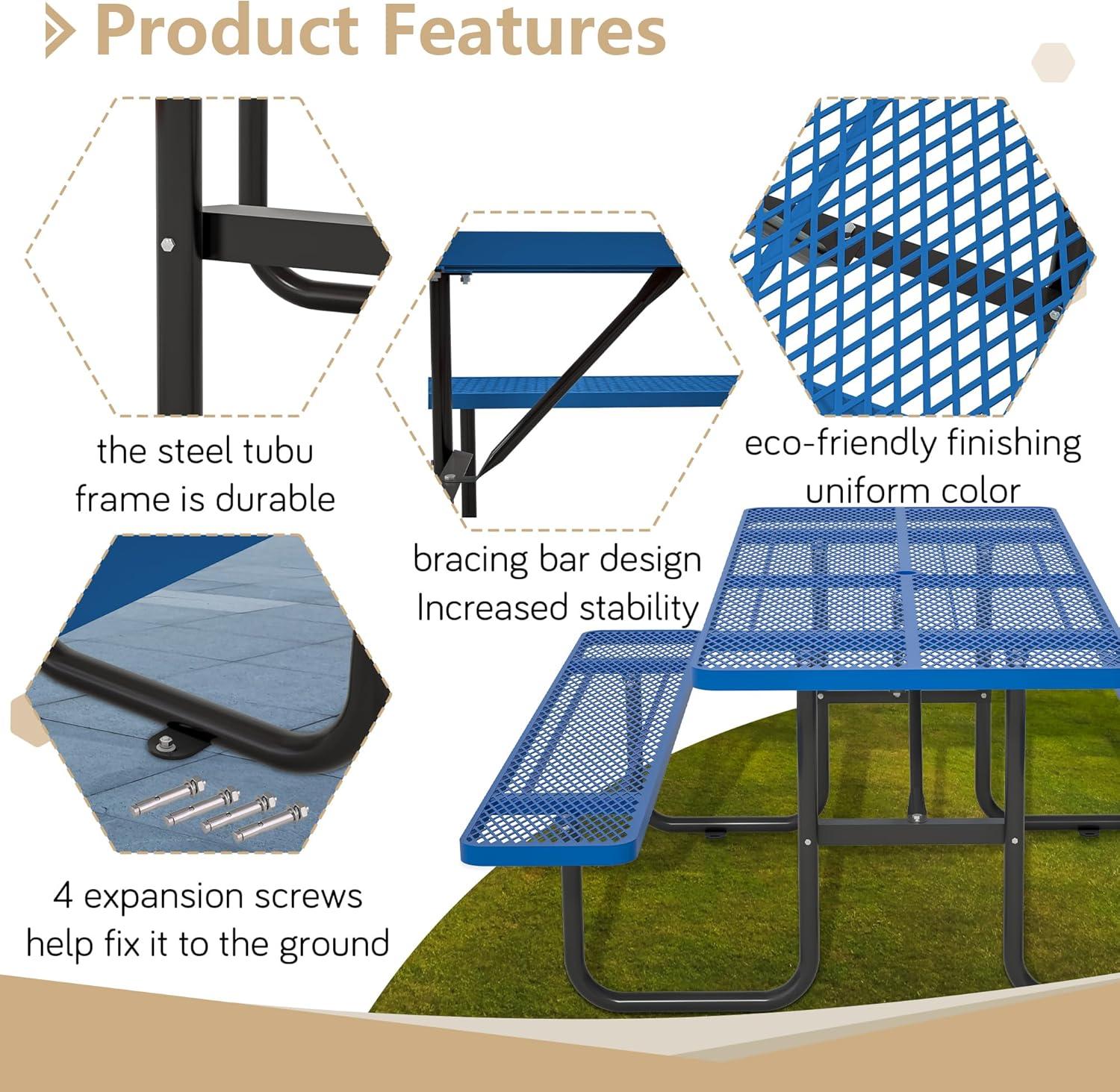 72'' Blue Rectangular Steel Outdoor Picnic Table with Umbrella Hole