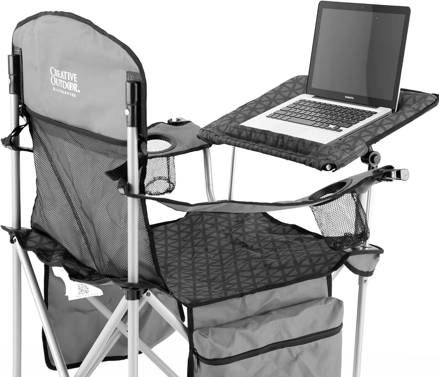 Beige and Brown Folding Camping Chair with Adjustable Table