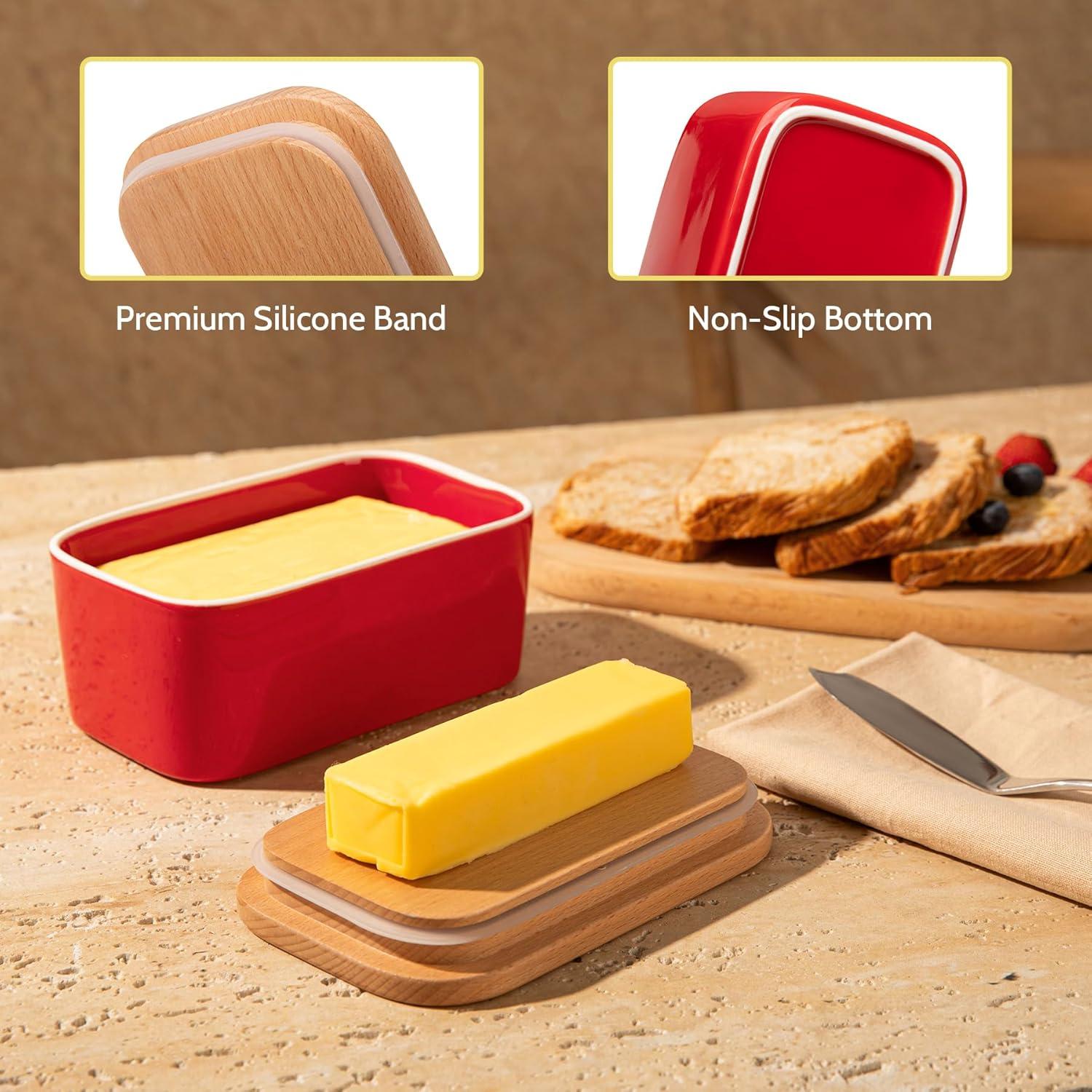 [new and improved] sweese 3151 large butter dish - airtight butter keeper holds up to 2 sticks of butter - porcelain container with beech