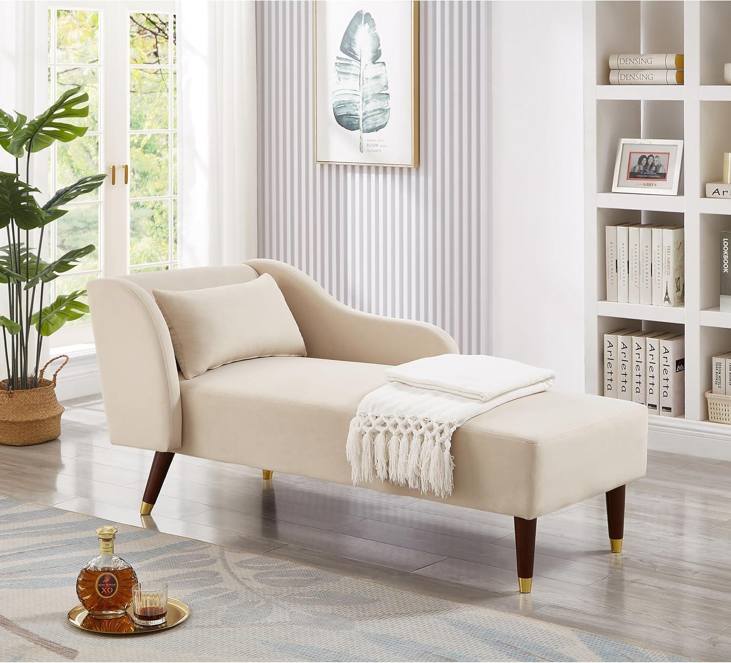 Beige Velvet Upholstered Chaise with Solid Wood Legs