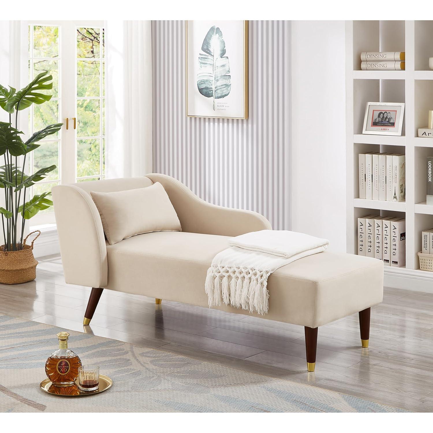Chaise Lounge Indoor, Velvet Upholstered Lounge Chair with Pillow, Solid Wood Legs Modern Chaise Lounge Chair for Living Room Bedroom Office (Beige)