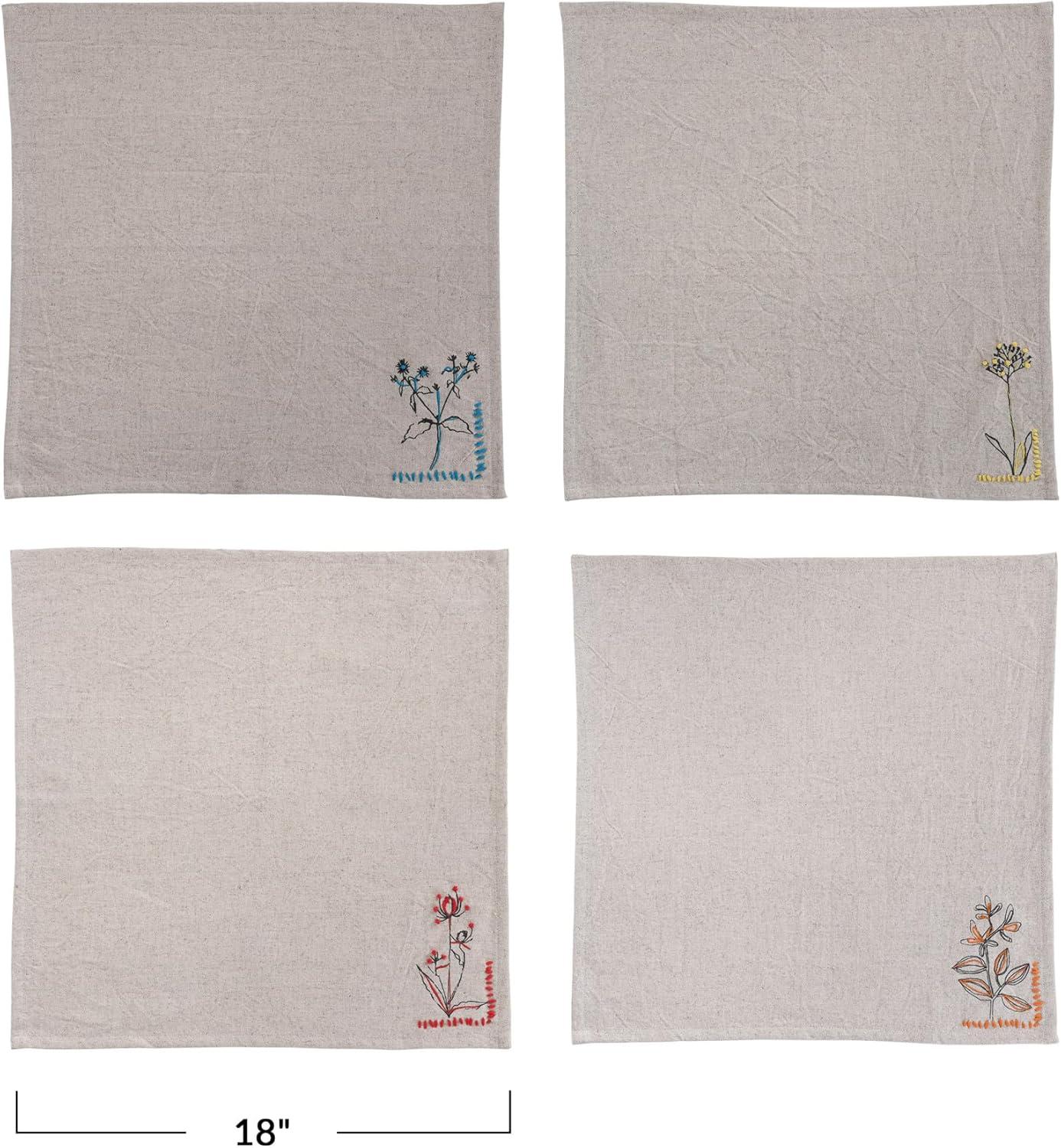 18" Gray Cotton and Linen Floral Embroidered Napkins, Set of 4