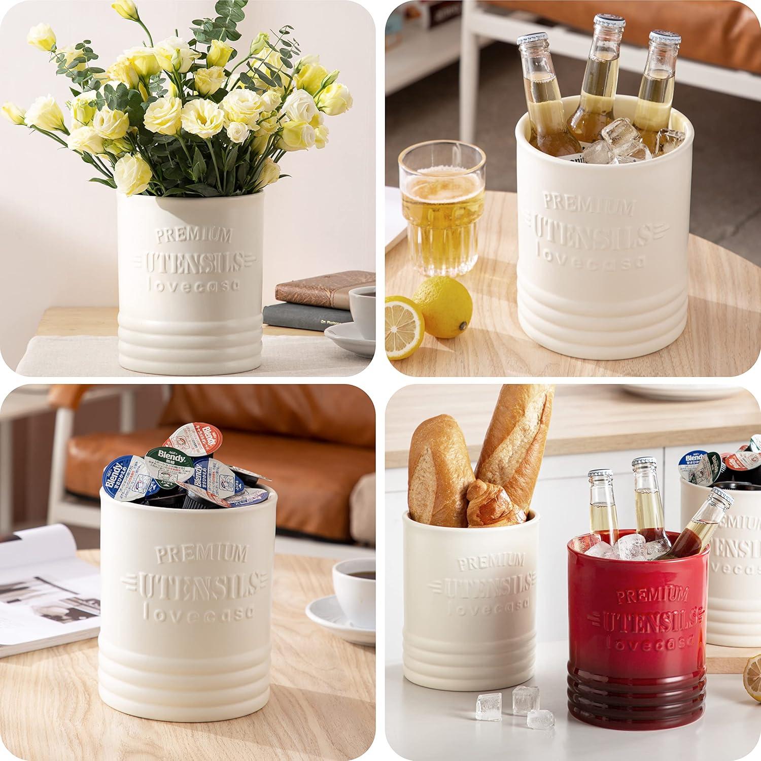 Cream White Ceramic Cylinder Utensil Holder