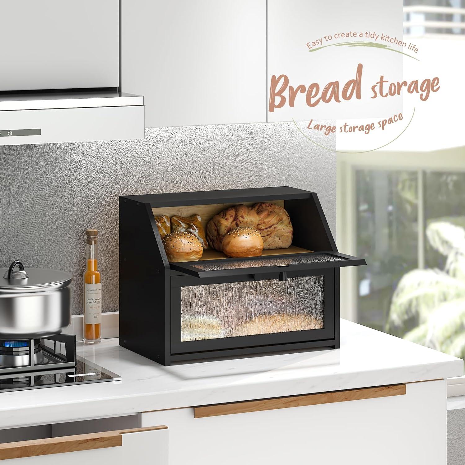 Bread Box For Kitchen Countertop Bin Double Layer Bread Box Storage Container Extra Large Capacity Farmhouse Bread Box With Diamond Pattern Windows