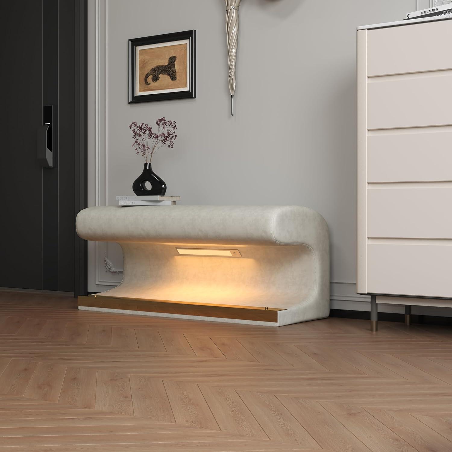 Minimalist Design Leather Upholstery Metal Legs Entryway Shoe Bench with LED Sensor Light Sleek & Style