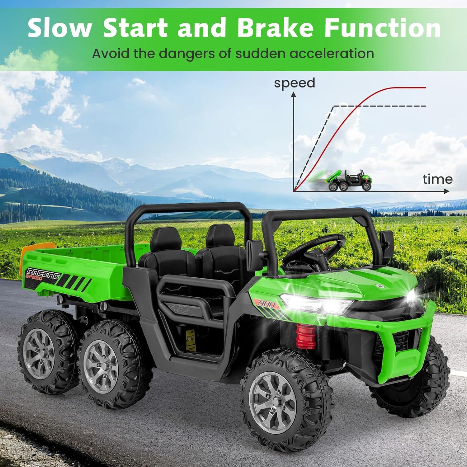 24V Ride on Toys with Remote Control, 2 Seater Electric Powered Ride on Dump Truck , 4WD 6-Wheel UTV Car w/ Tipping Bucket Trailer, Shovel, Suspension, Bluetooth Music, Big Kids, Green