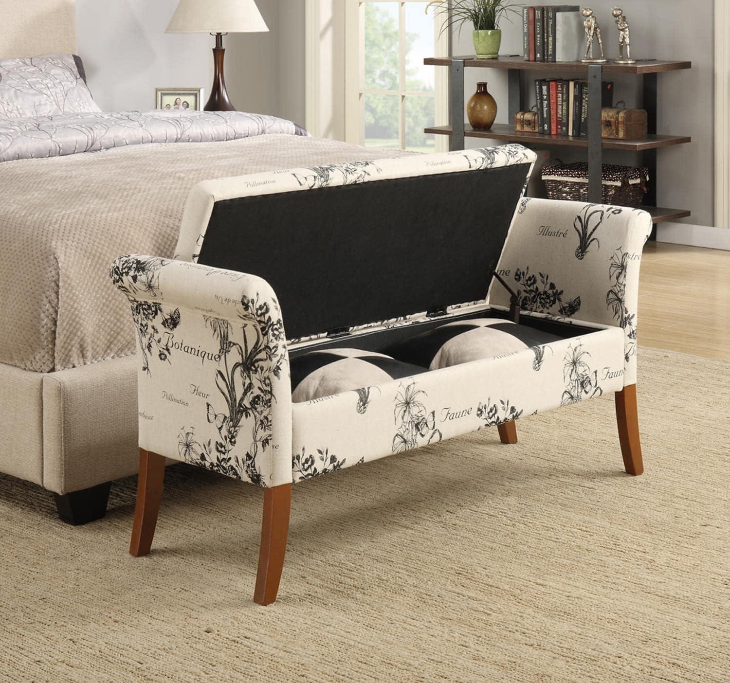 Beige Botanical Fabric Tufted Storage Bench with Rolled Armrests