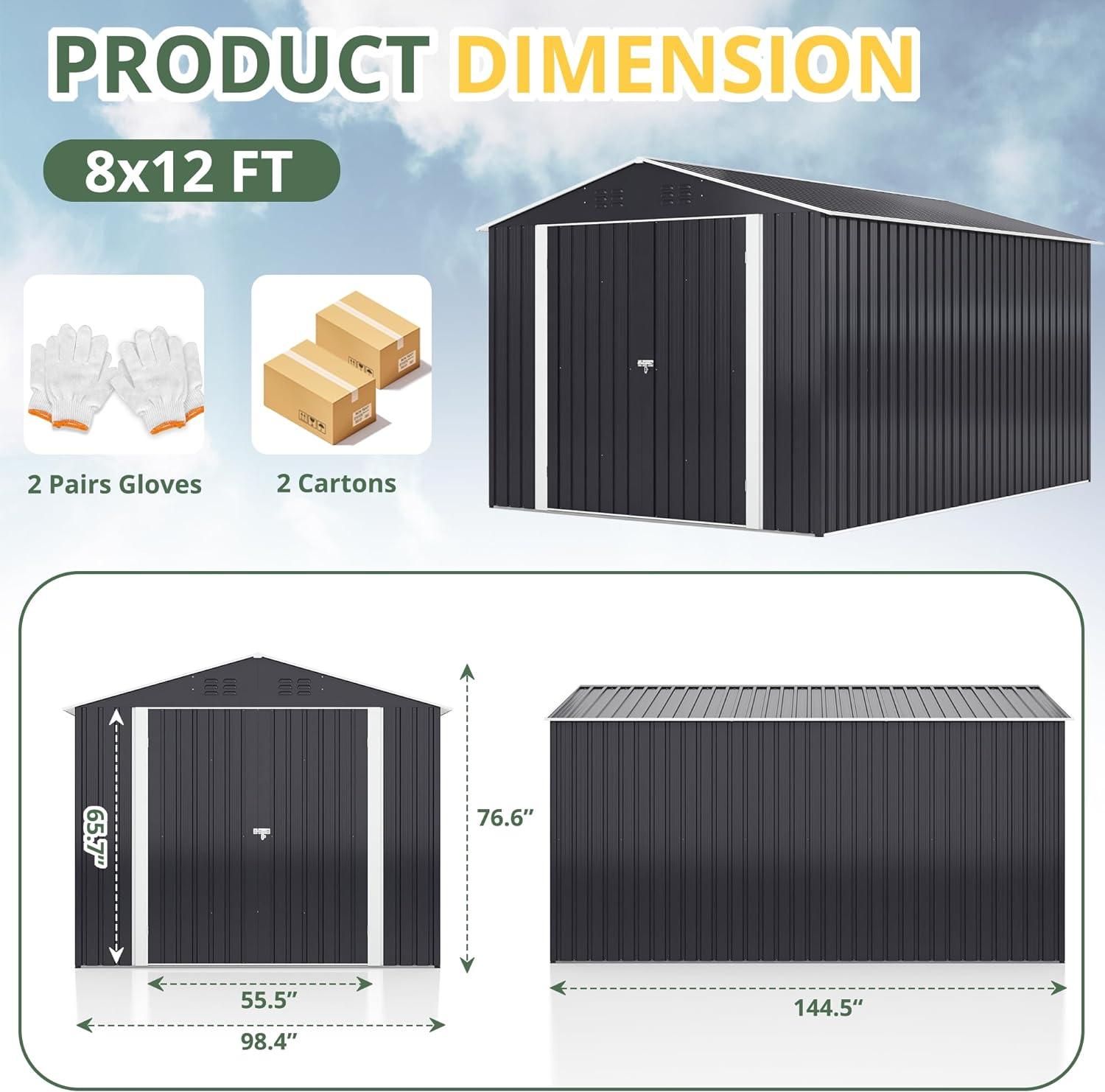 NETAJE 8'x12' Outdoor Metal Storage Shed with Upgraded Frame and Lockable Doors for Backyard, Garden, Lawn, Brown