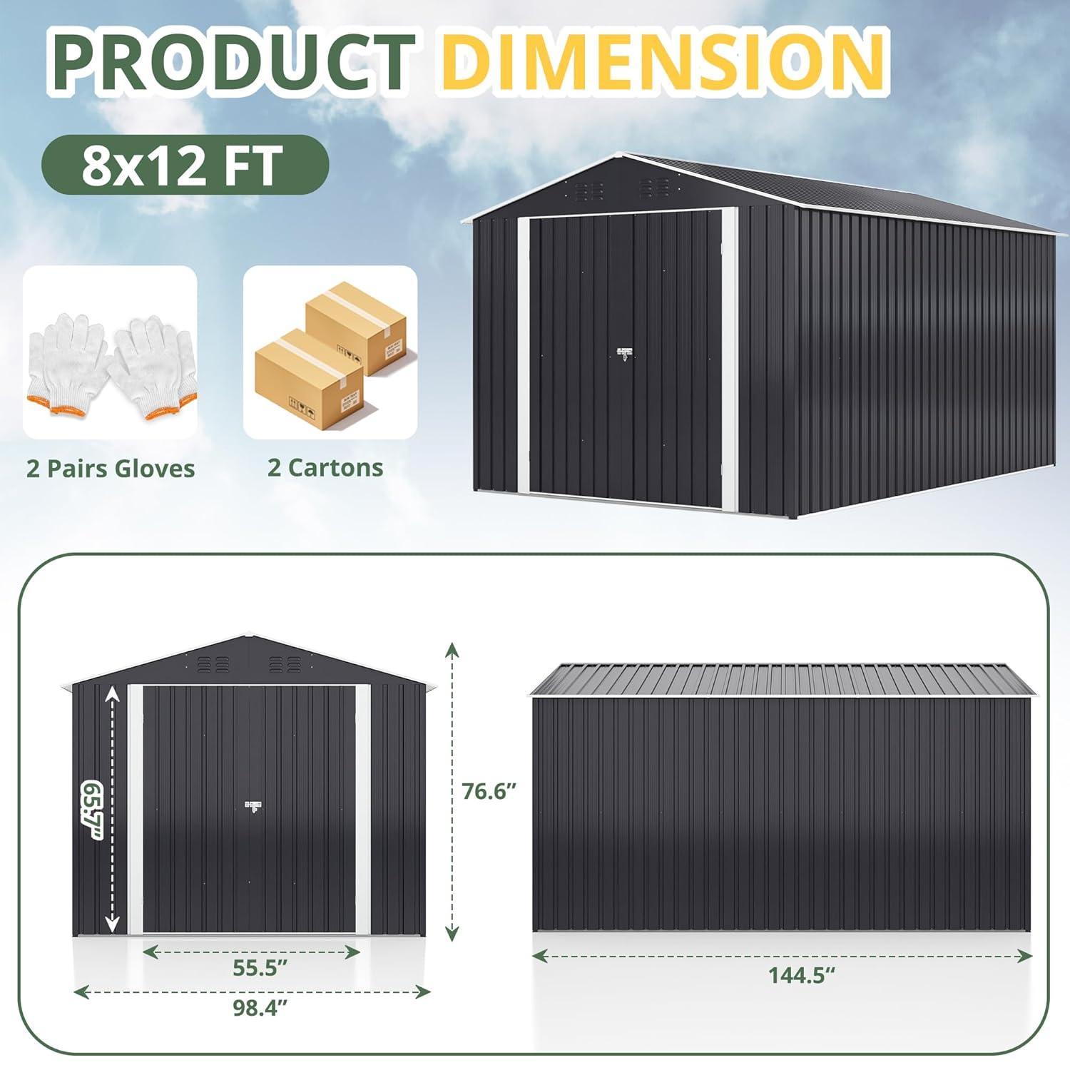 NETAJE 8'x12' Outdoor Metal Storage Shed with Upgraded Frame and Lockable Doors for Backyard, Garden, Lawn, Brown
