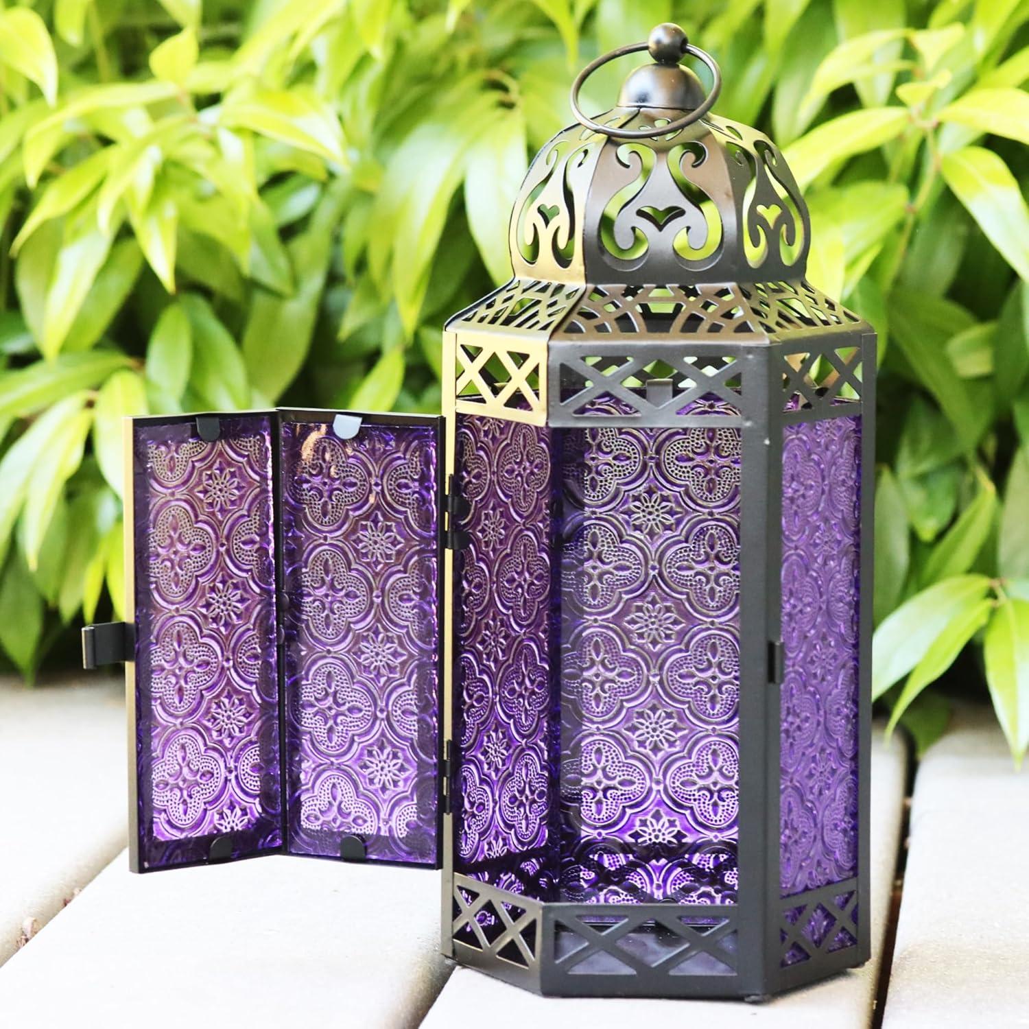 VELA LANTERNS 10.5" Moroccan Lamp Lantern Decorative Candle Holder for Indoor Outdoor Home Decor, Patio, Weddings, Ramadan Decorations, Black Metal, Purple Glass, Medium, Set of 3