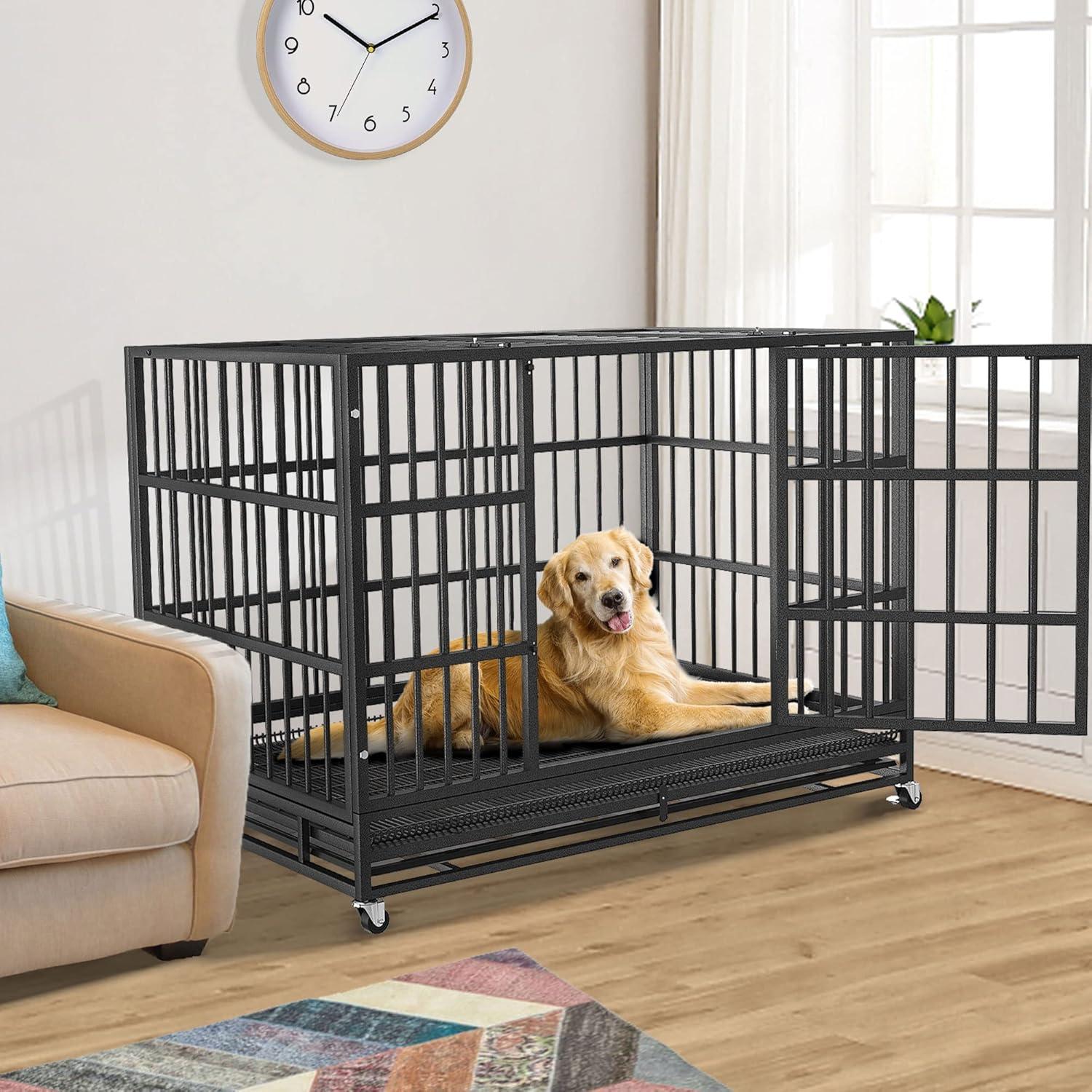 Boldbone 48/38 inch Heavy Duty Indestructible Dog Crate Cage Kennel for Large Dogs, High Anxiety Dog Crate with Removable Crate Trays, Wheels and Double Door, Extra Large XL XXL Escape Proof Dog Crate