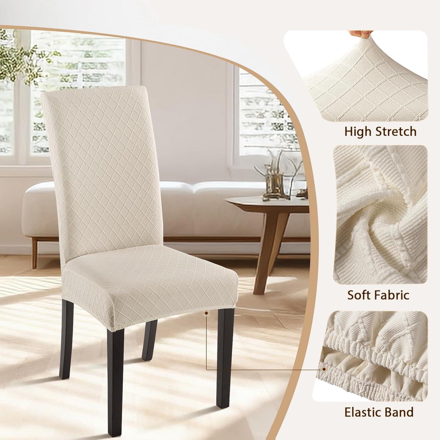 Beige Stretch Jacquard Dining Chair Covers, Set of 4