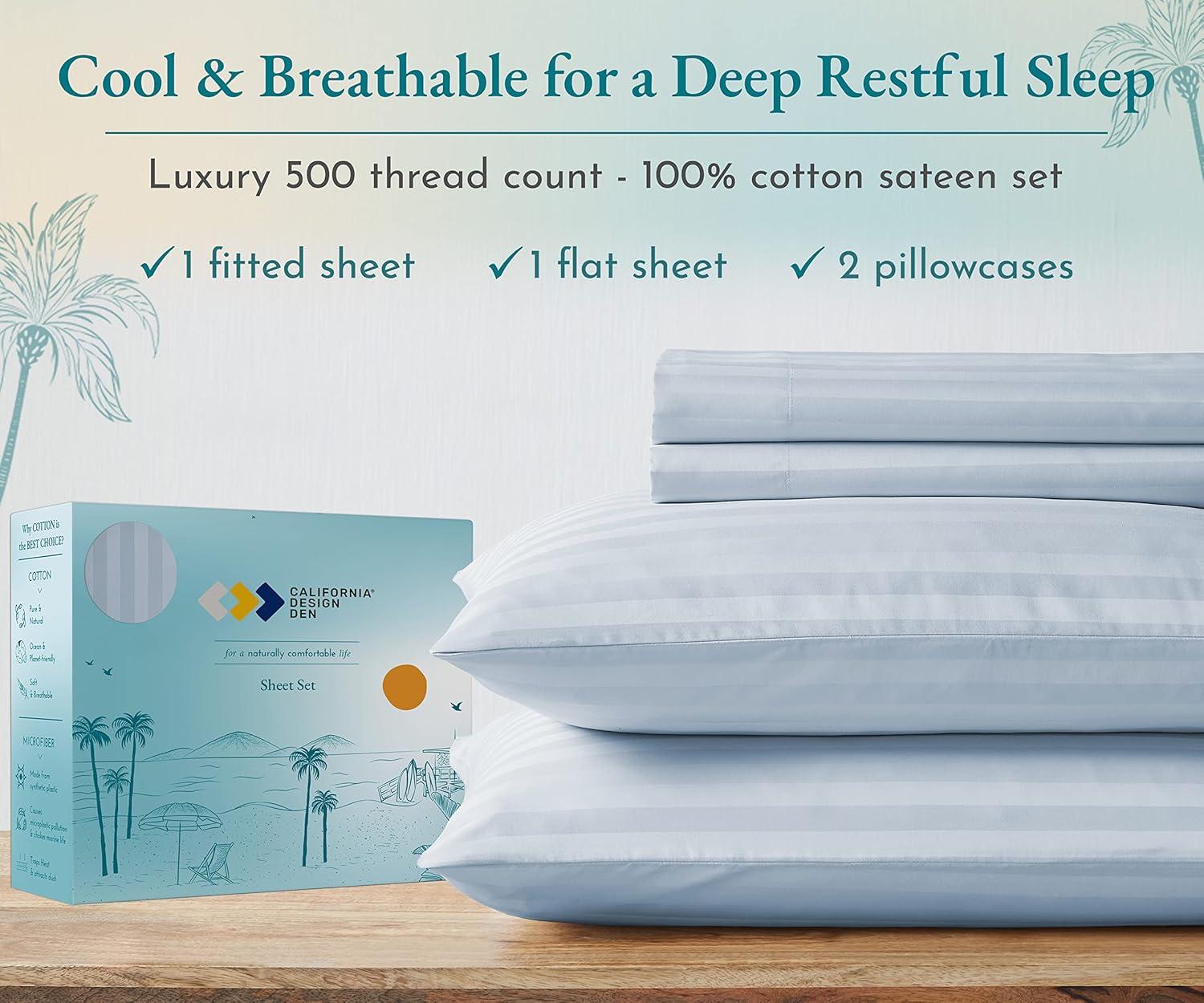 California Design Den Striped King Size Bed Sheets - Soft Cooling 500 Thread Count 100% Cotton Sateen 4-Piece Bed Sheets Set - Light Blue