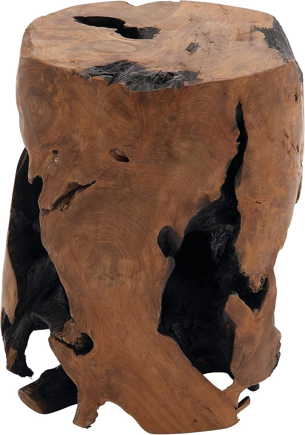 DecMode 14" x 18" Brown Teak Wood Handmade Live Edge Stump Accent Table with Charred Detailing, 1-Piece