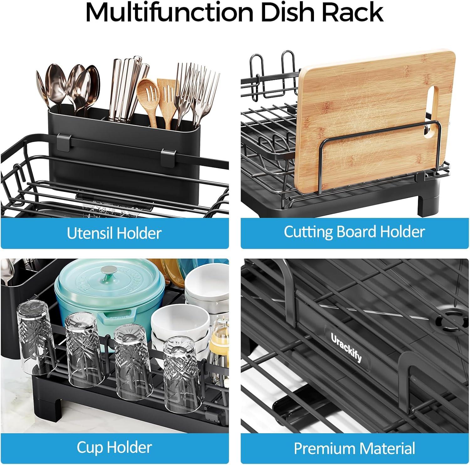 THE GLAMOUR BOUTIQUES Extendable Dish Drying Rack, 2 In 1 Multifunction Dish Rack For Kitchen Counter, Expandable Dish Drainer Over Sink, Large Dish Strainer With Drainboard & Cups Holder, Black
