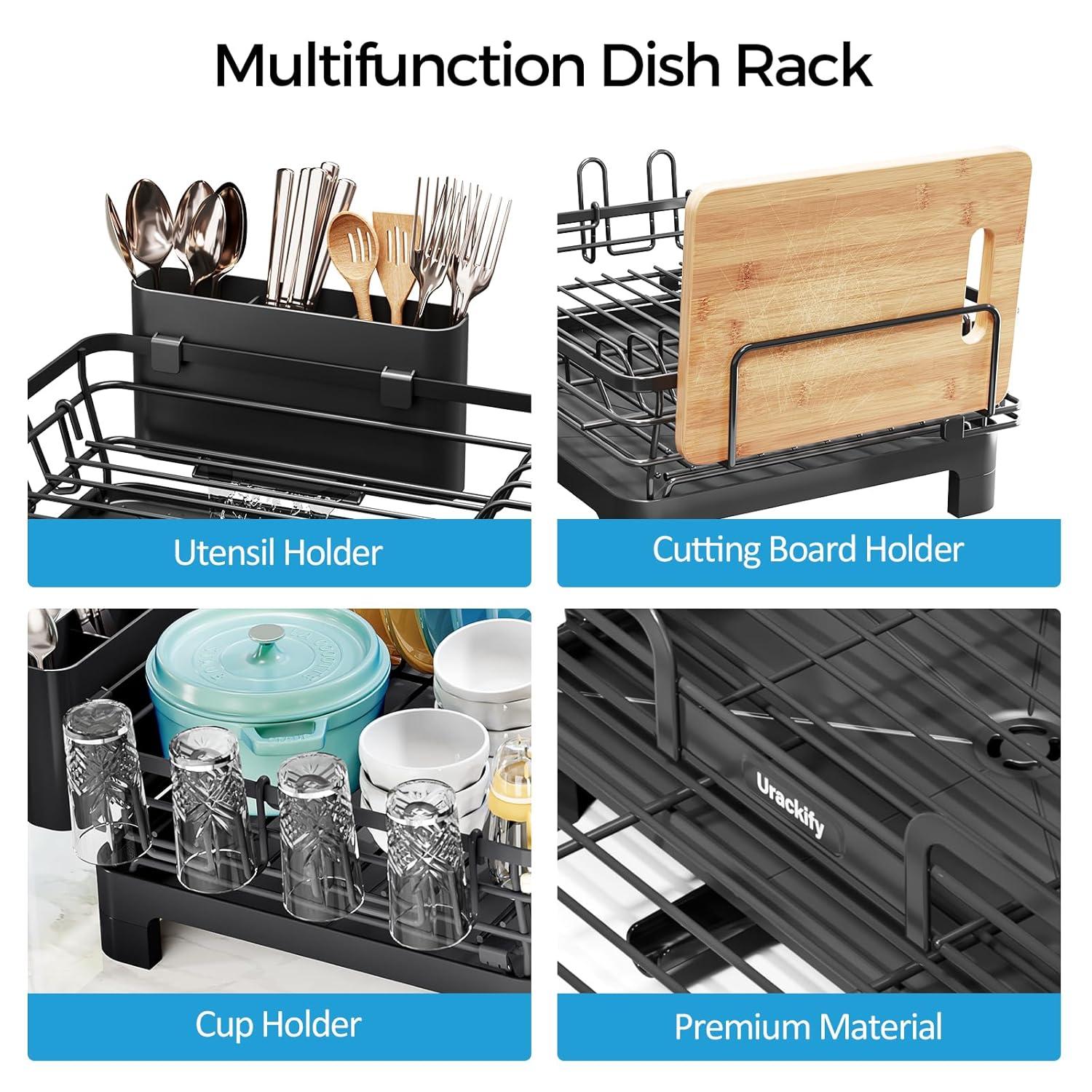THE GLAMOUR BOUTIQUES Extendable Dish Drying Rack, 2 In 1 Multifunction Dish Rack For Kitchen Counter, Expandable Dish Drainer Over Sink, Large Dish Strainer With Drainboard & Cups Holder, Black