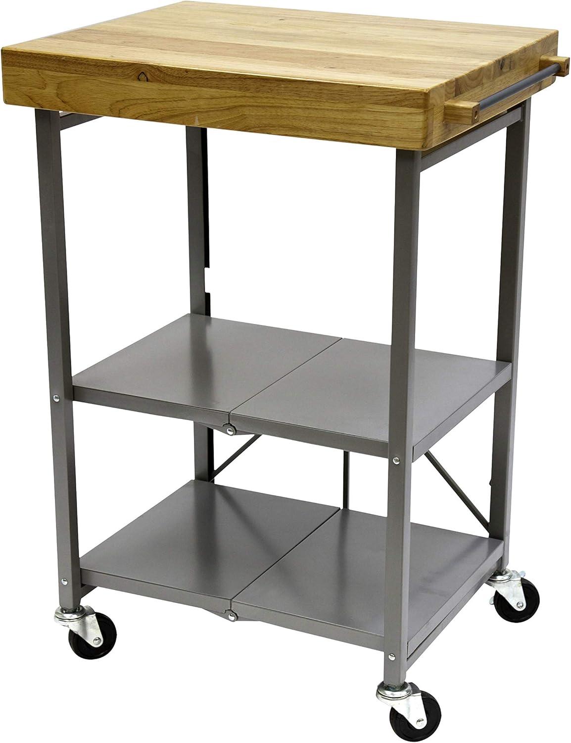 Origami Foldable Wheeled Portable Solid Wood Top Kitchen Island Bar Cart