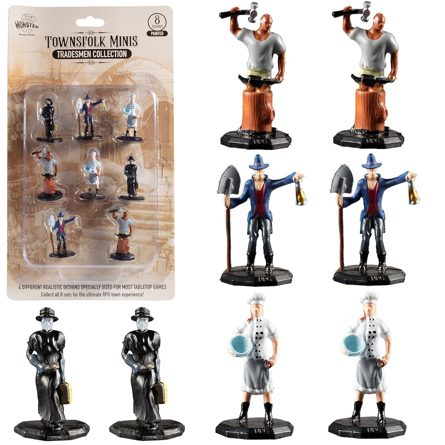 Monster Protectors Townsfolk Mini Fantasy Figures - Tradesmen - 8pc Hand-Painted Non Player Character Miniatures - 1" Hex-Sized Use w Tabletop Games