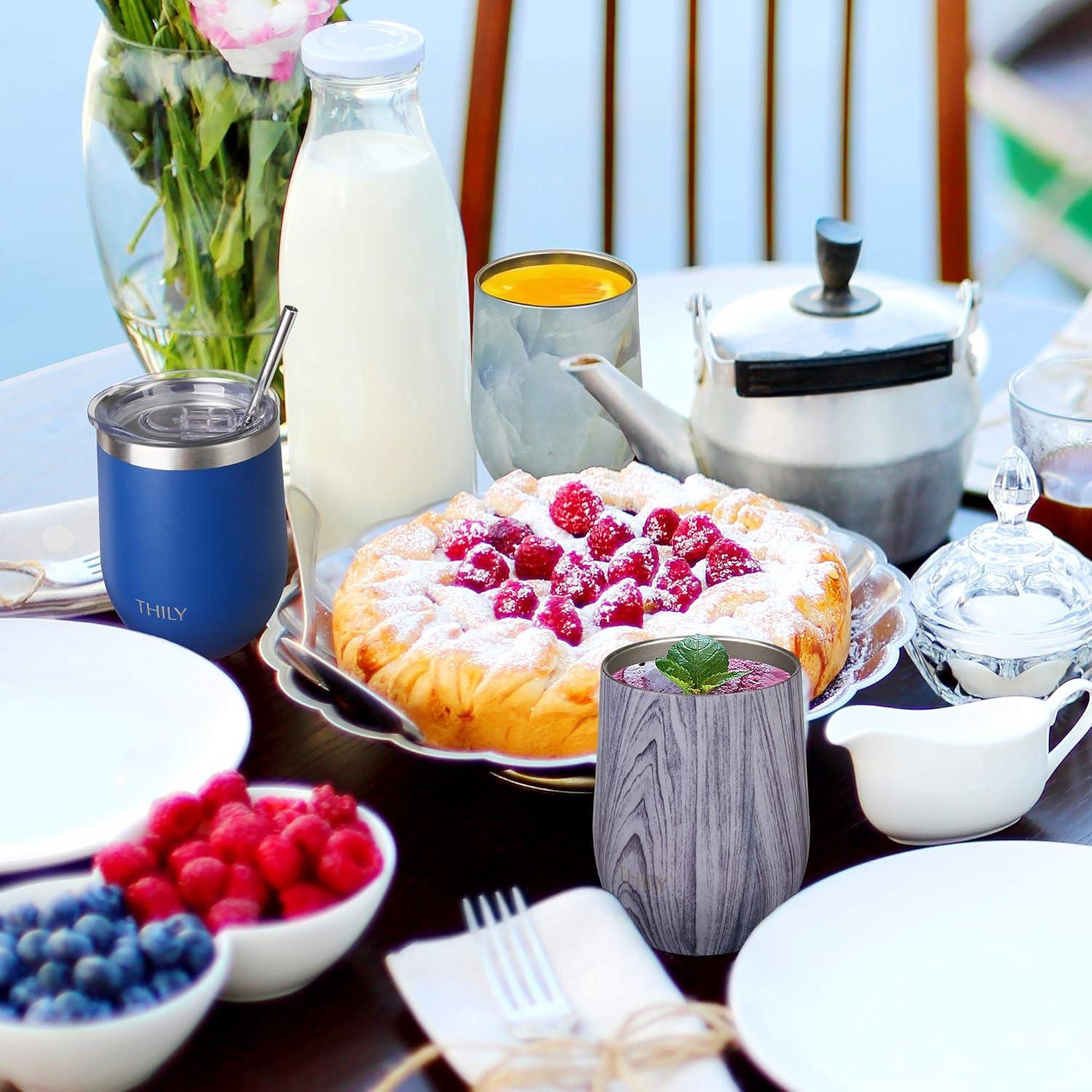 Wine Tumbler Vacuum Insulated Stemless - THILY 12 oz Triple-Insulated Stainless Steel Wine Glass with Lid and Straw, Cute Travel Cup Keep Cold or Hot for Coffee, Cocktails, Wood Grain