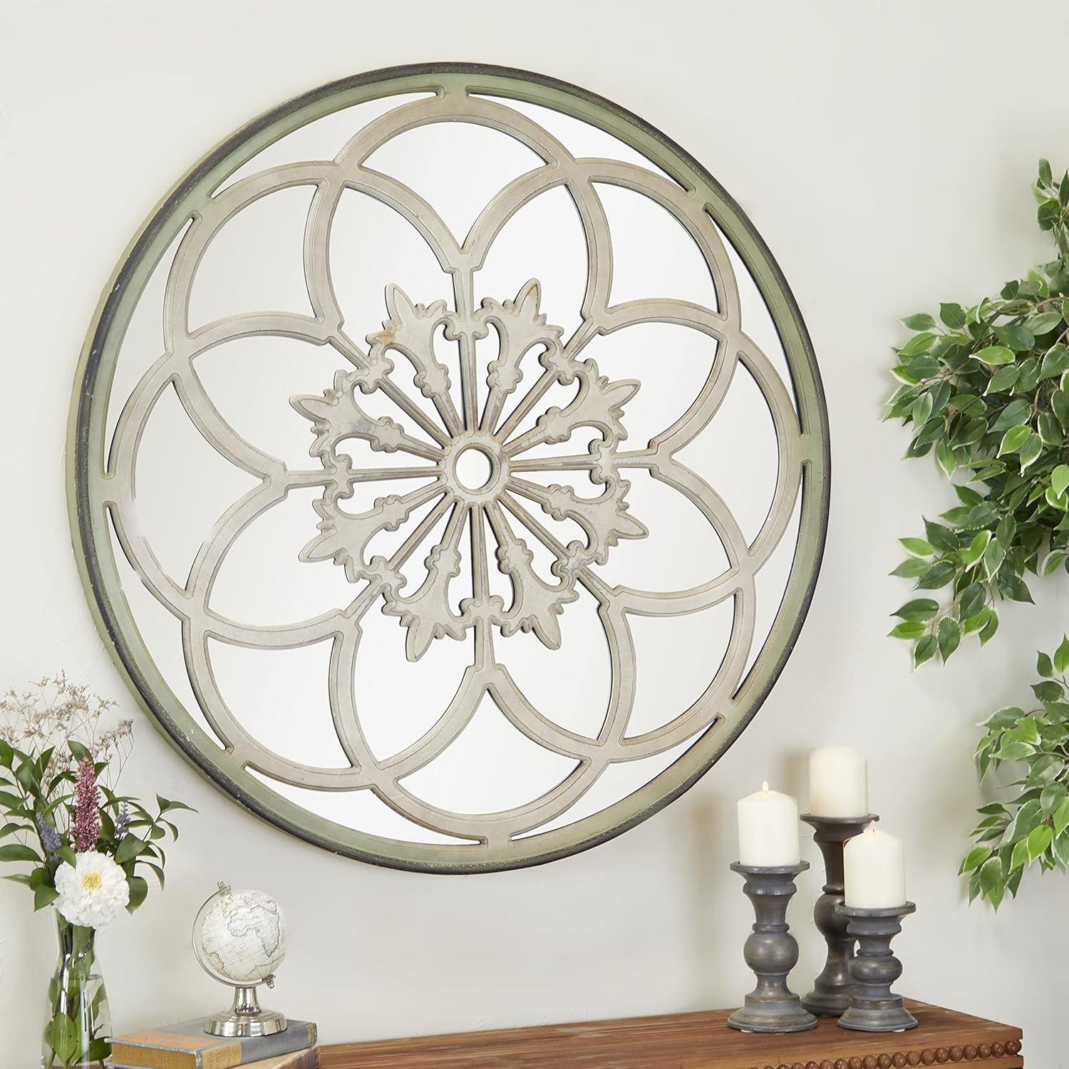 DecMode 40" x 40" White Medallion Floral Wall Mirror