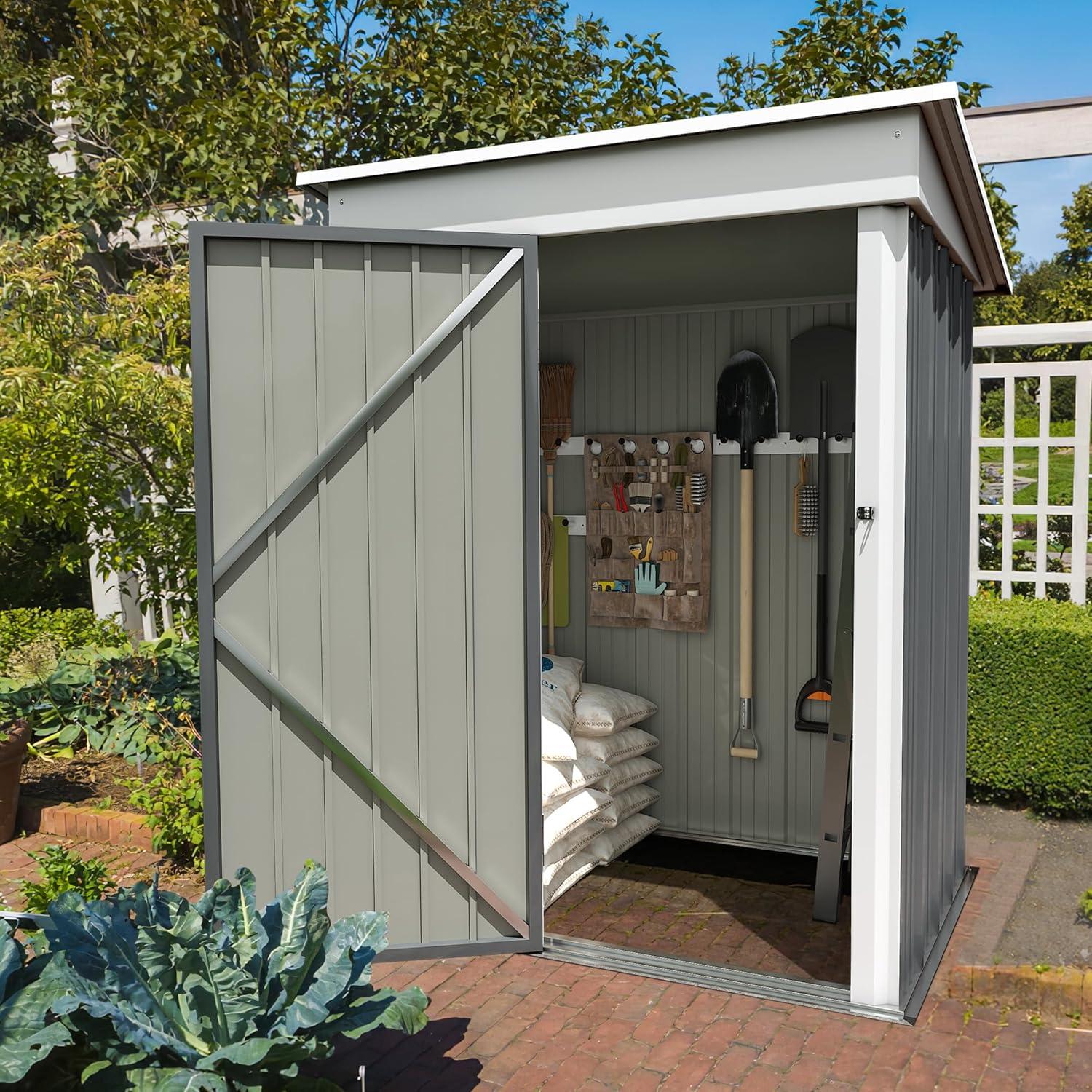 Gray and White Metal Outdoor Storage Shed with Lockable Door