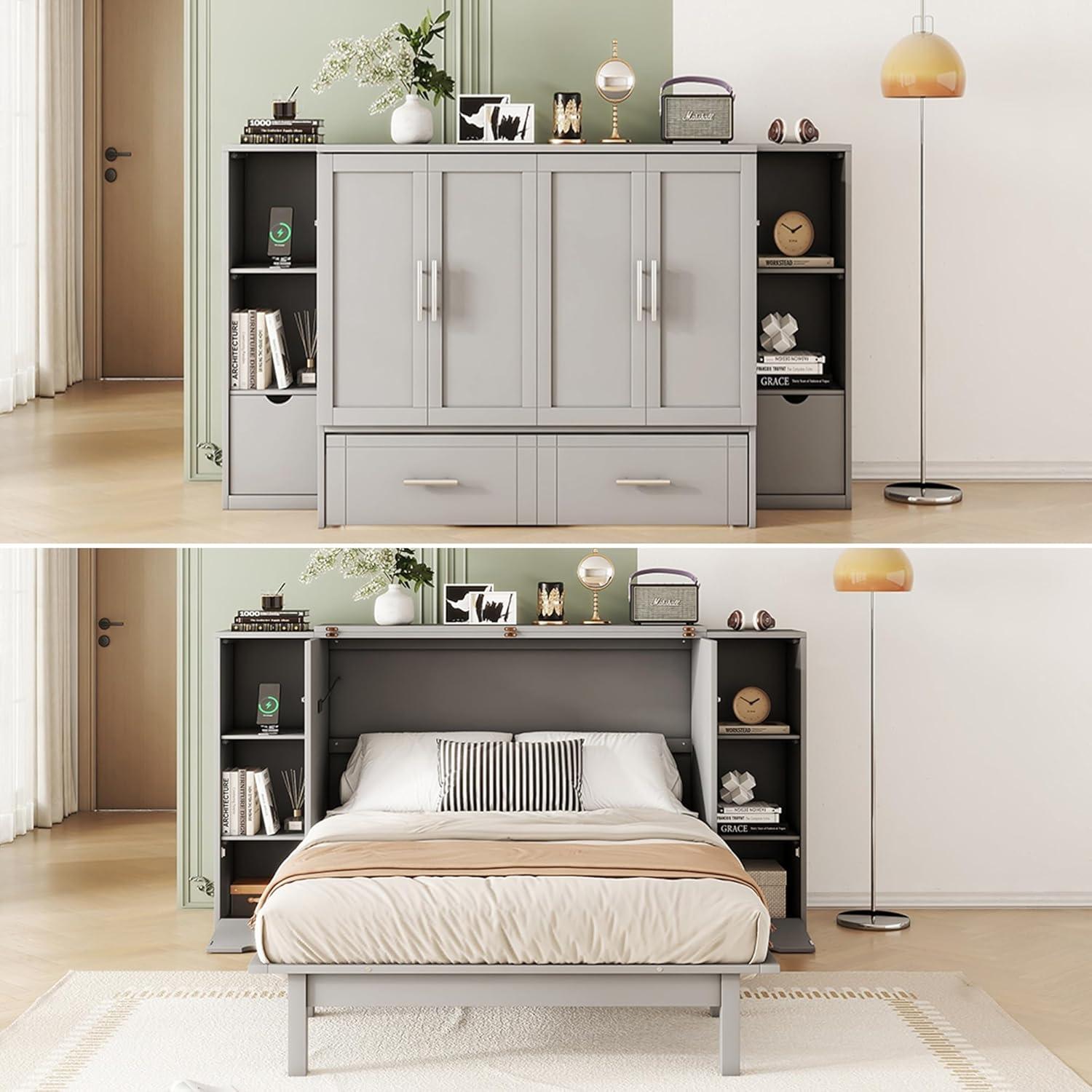 Full Size Murphy Wall Bed With Storage and Bookcase Headboard, Solid Wood Cabinets With Shelves, Drawers and USB Ports, Multi-Function Platform for Home Office, Guest Room - Gray