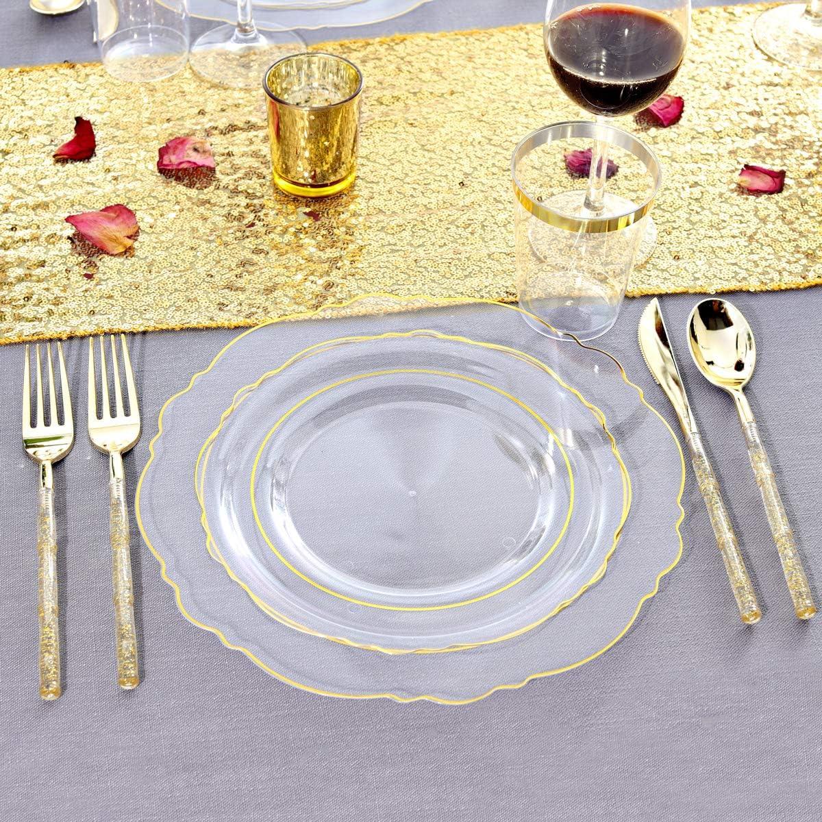 Elegant Clear Gold Baroque Disposable Plastic Plates and Cutlery Set