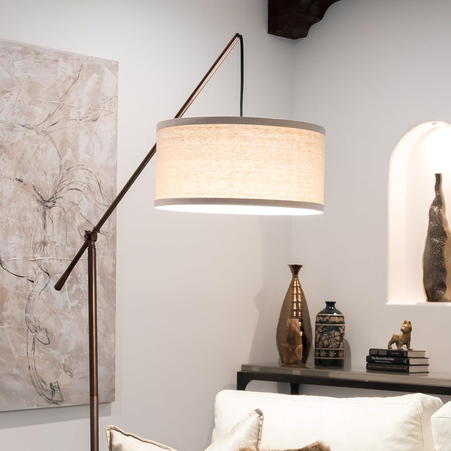 Brightech Hudson 70" Modern LED Floor Lamp with Adjustable Height, Brushed Bronze Finish, and Beige Fabric Drum Shade, Bulb Included