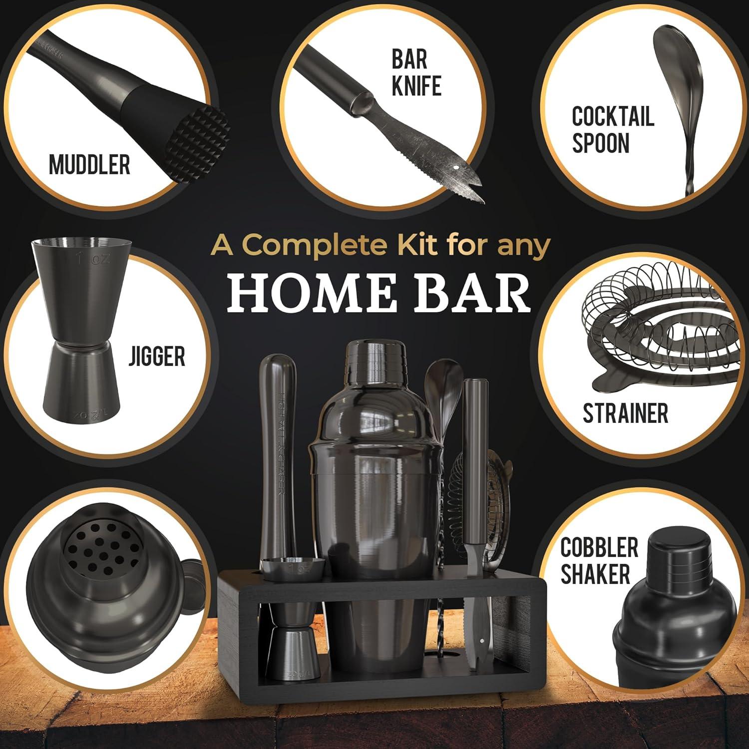 Gunmetal Stainless Steel Bartender Kit with Black Bamboo Stand