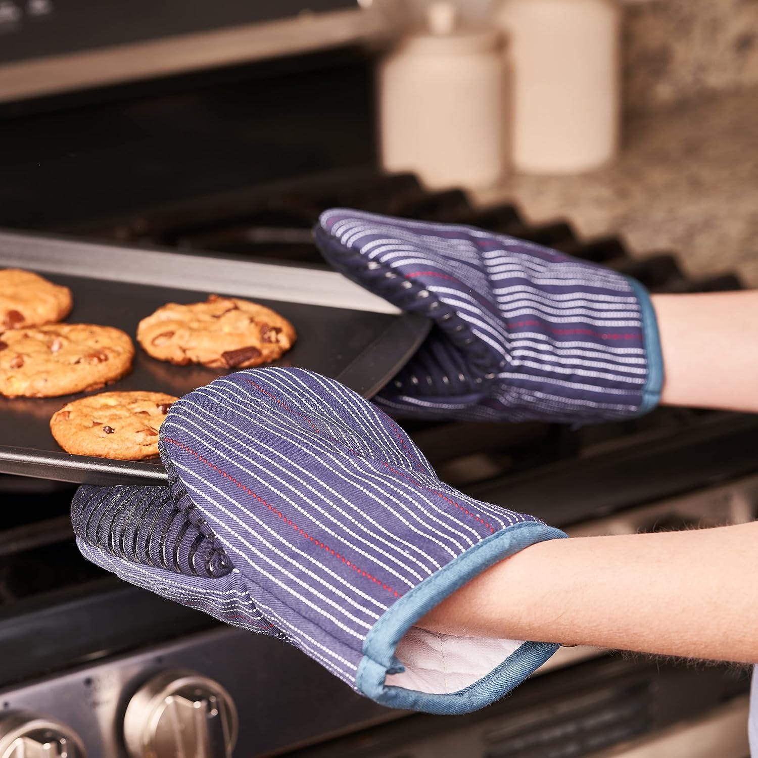 Navy Stripe Cotton Mini Oven Mitts with Silicone Palm