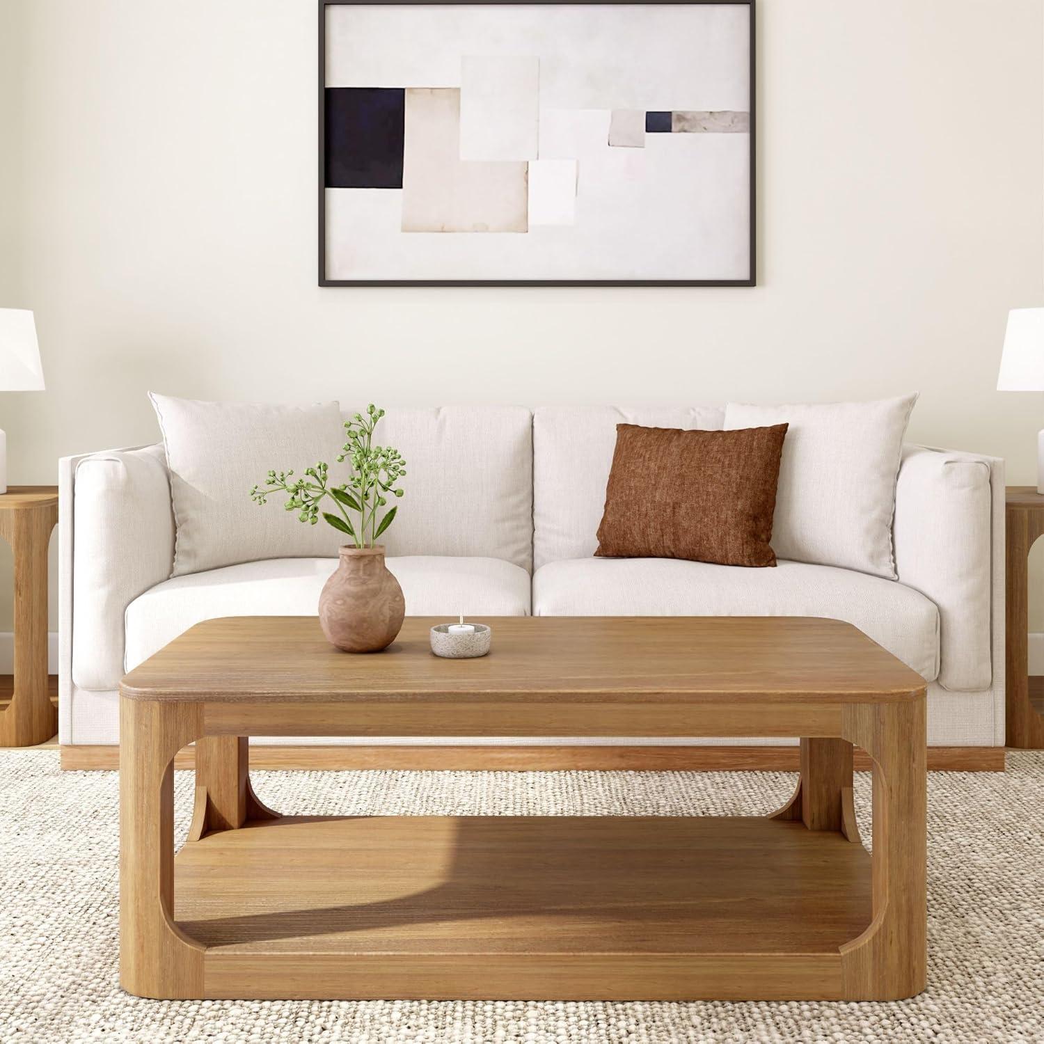 Plank+Beam 48" Modern Rectangular Coffee Table with Shelf, Solid Wood Table