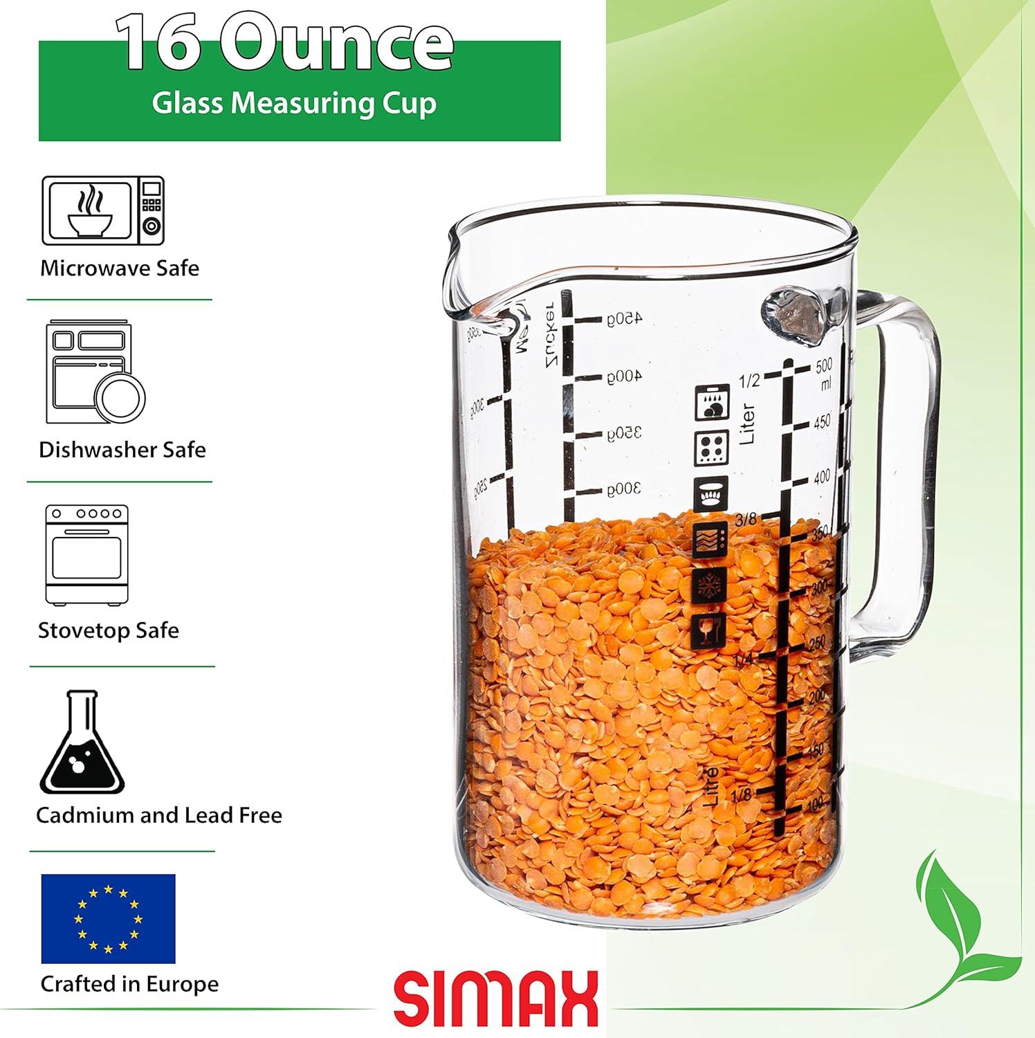 Simax Glass Measuring Cup | Durable Borosilicate Glass, Easy to Read Metric Measurements- Liter, Milliliter, Ounce, Sugar Grams, Flour Grams, Drip Free Spout, Microwave and Dishwasher Safe (16-Ounce)