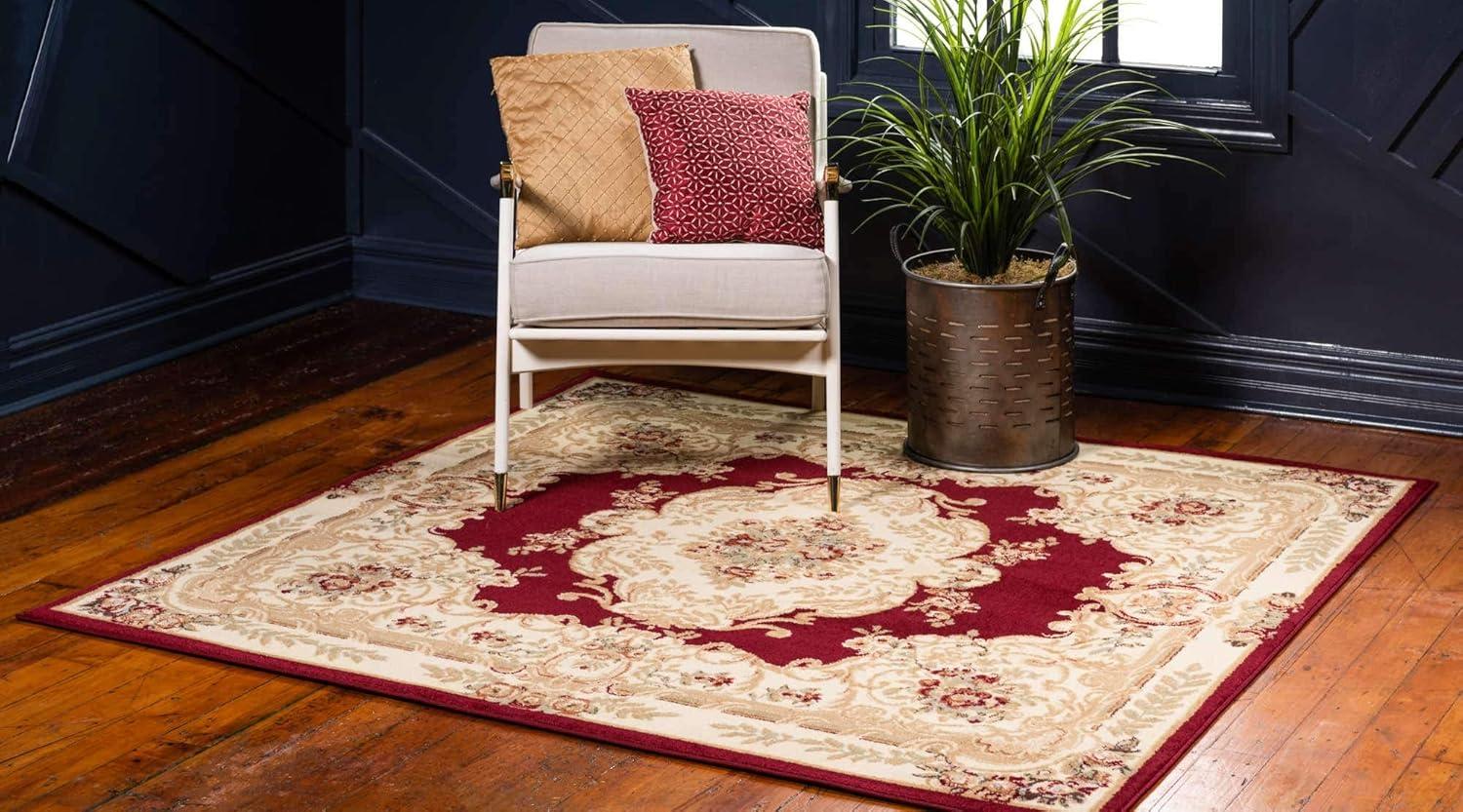 Elegant Versailles Red Square Synthetic Rug, 6'x6', Stain-Resistant